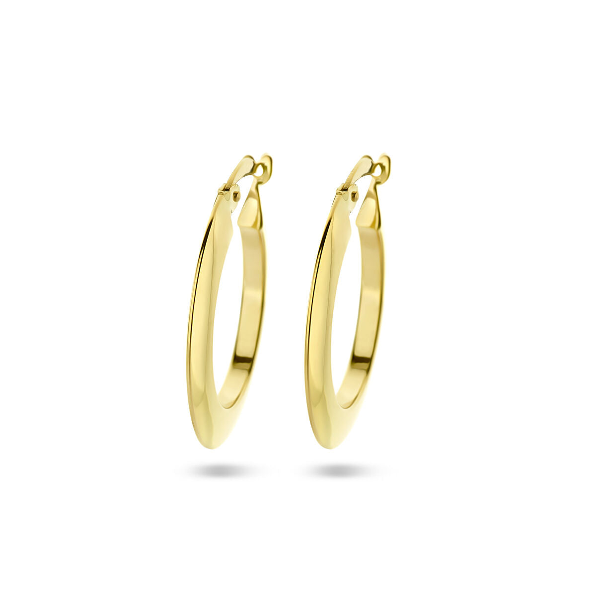 Orecchini a cerchio in oro giallo 14K con forma allungata.