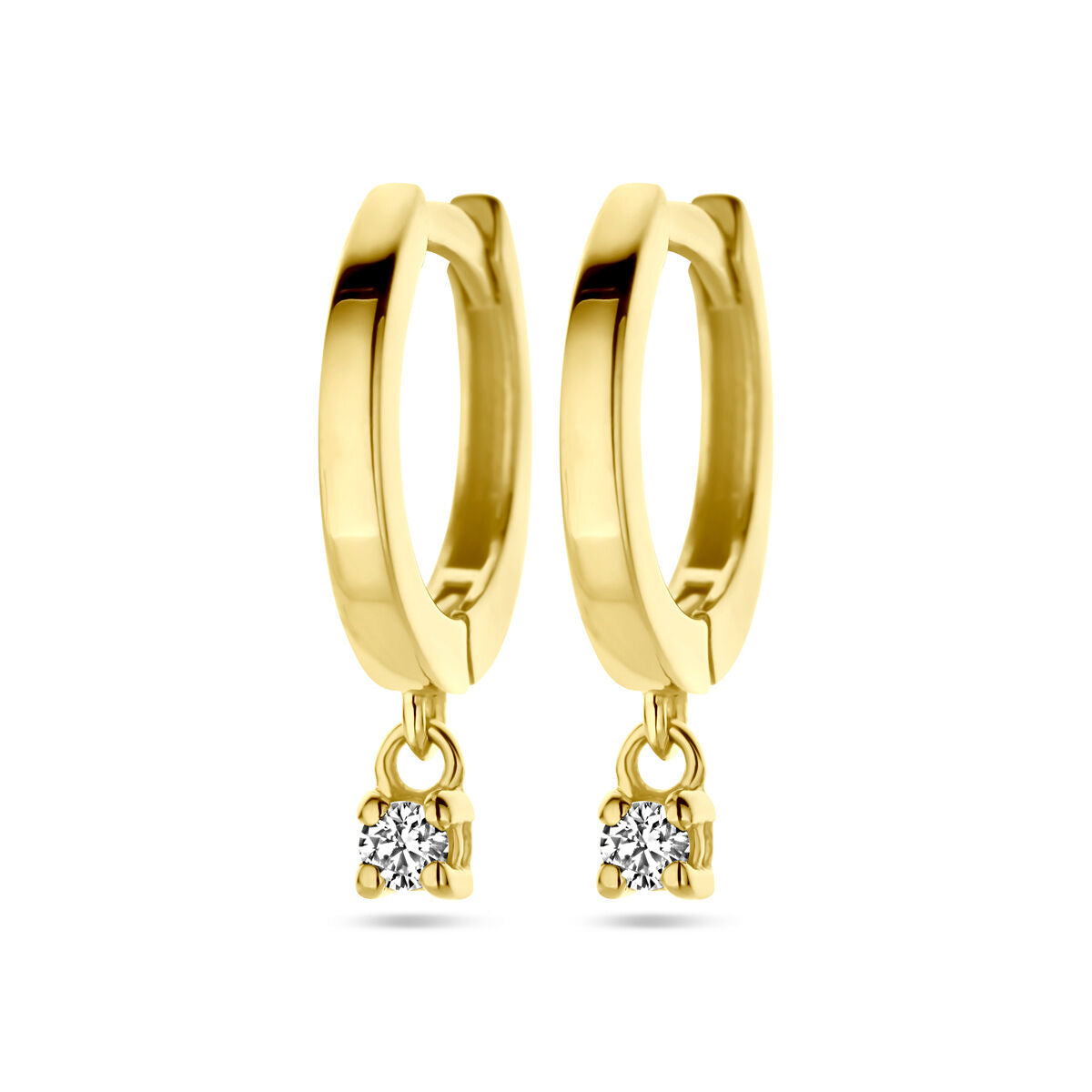 Orecchini alla creola in oro giallo 14K con diamanti da 0,06 ct (2x 0,03 ct) e pendente.