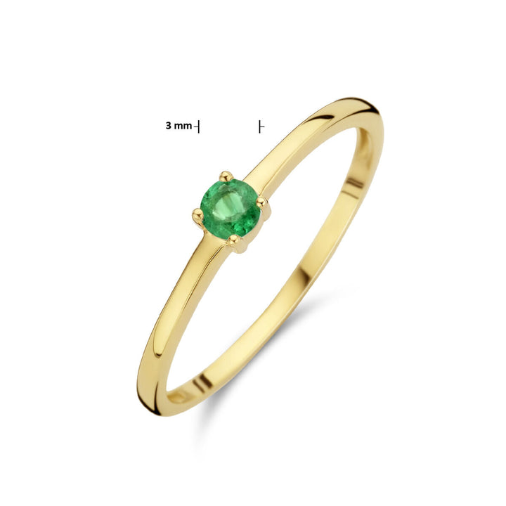 De Van der Kooij Collectie ring met geboortesteen smaragd mei 14K geelgoud is een delicate gouden ring met een 3 mm briljant geslepen smaragd in een vierpoots zetting, perfect voor een minimalistisch ontwerp.