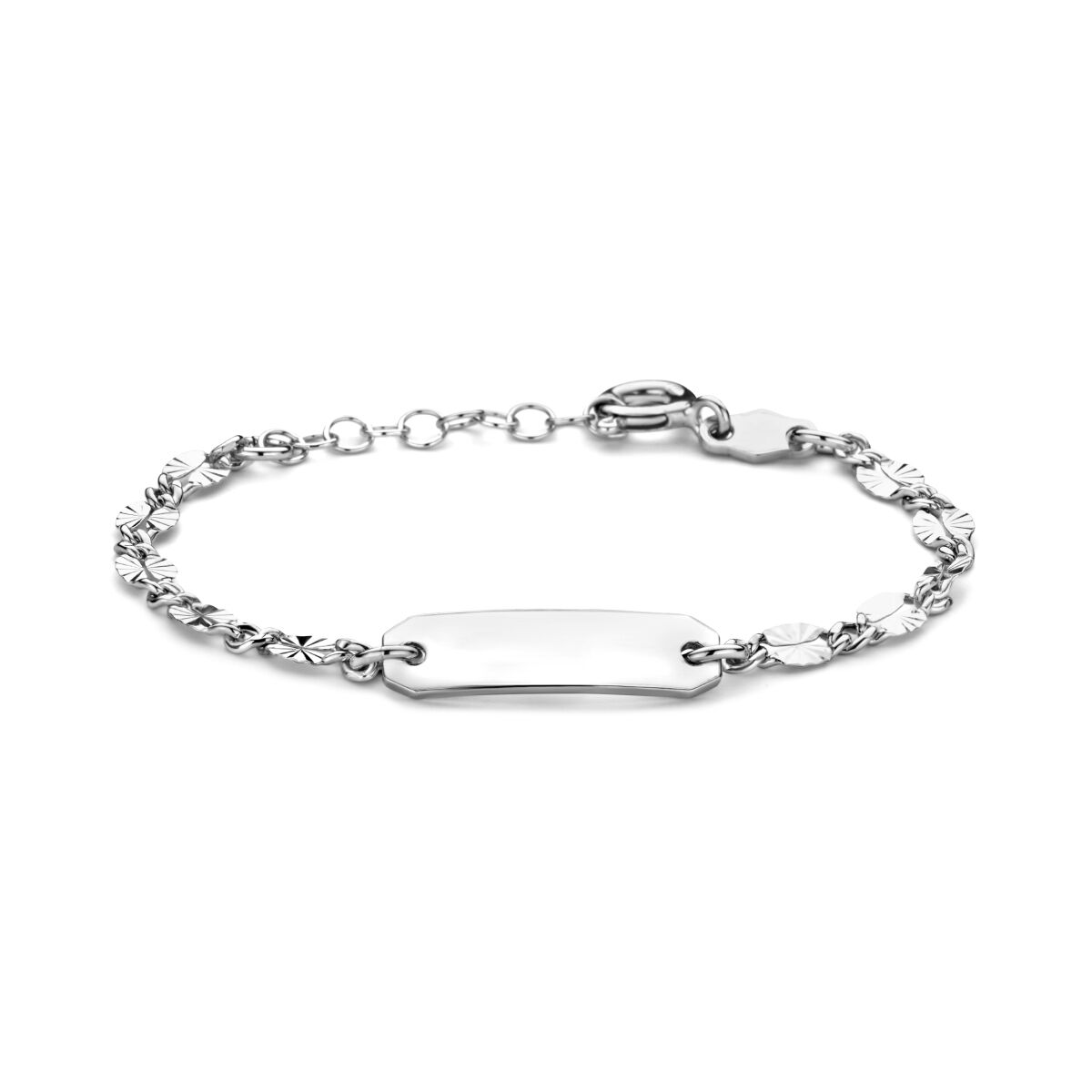 Bracciale in argento rodiato con placca centrale di 5,0 mm e catena regolabile di 11 + 2 cm.