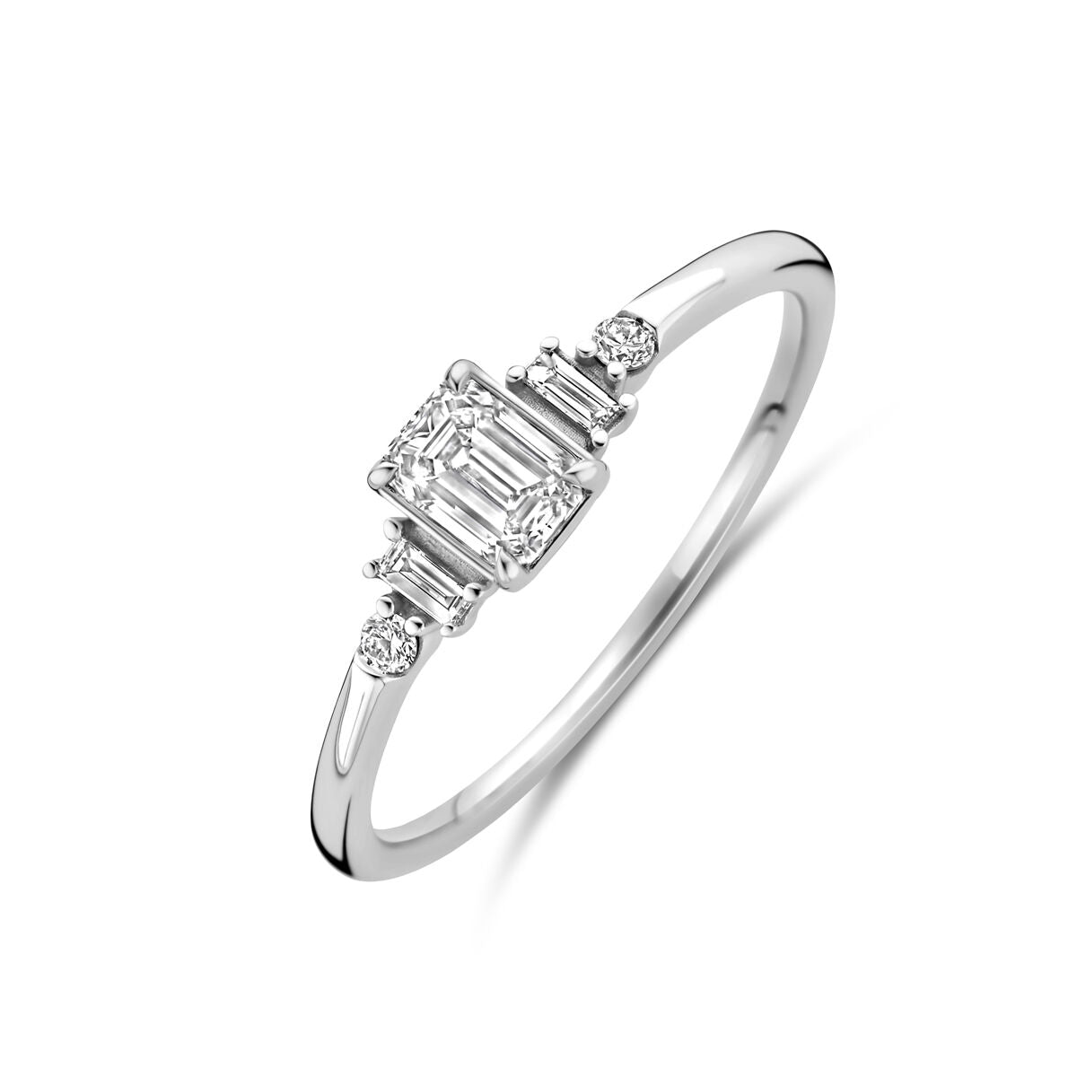 Anello in oro bianco 14K con diamante lab-grown centrale da 0,40 ct e diamanti laterali.
