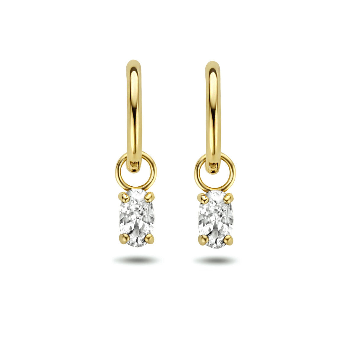 Orecchini alla creola in oro giallo 14K con zircone trasparente a forma ovale.