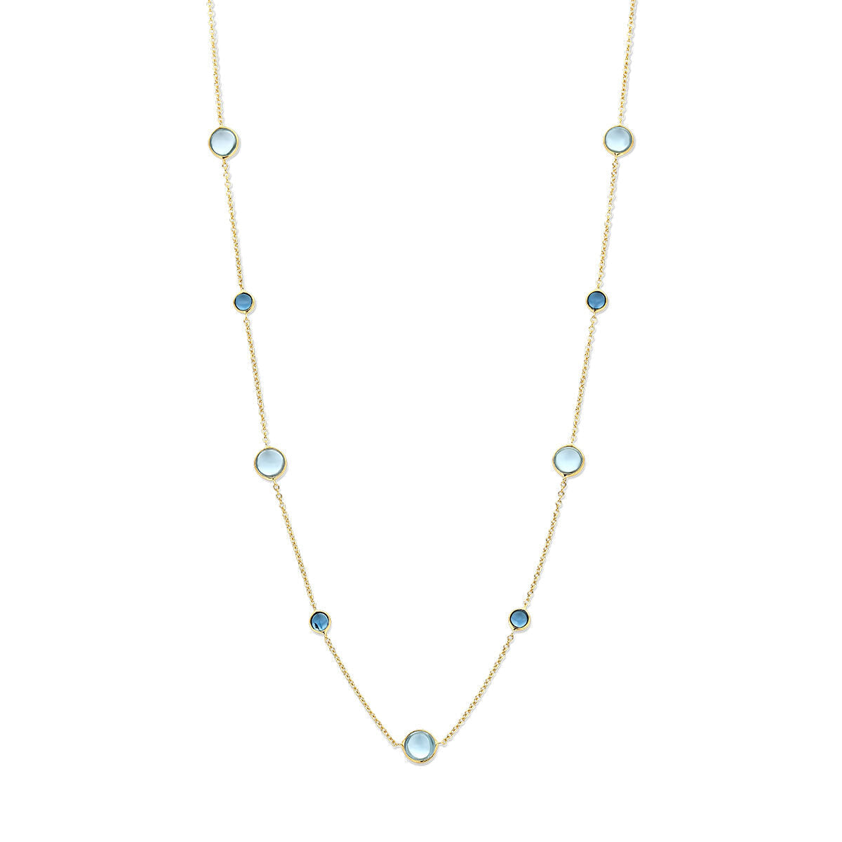 Collana in oro giallo 14K con topazi blu e topazi London blue, lunghezza 42-45 cm.