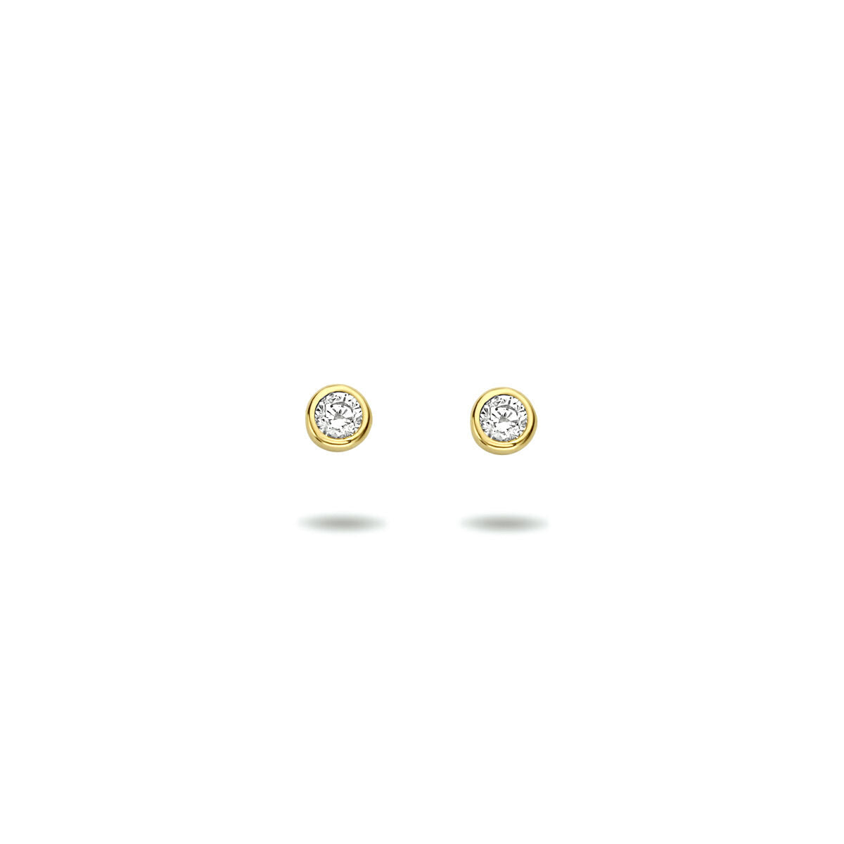 Orecchini in oro giallo 14K con zirconi, design rotondo e finitura lucida.