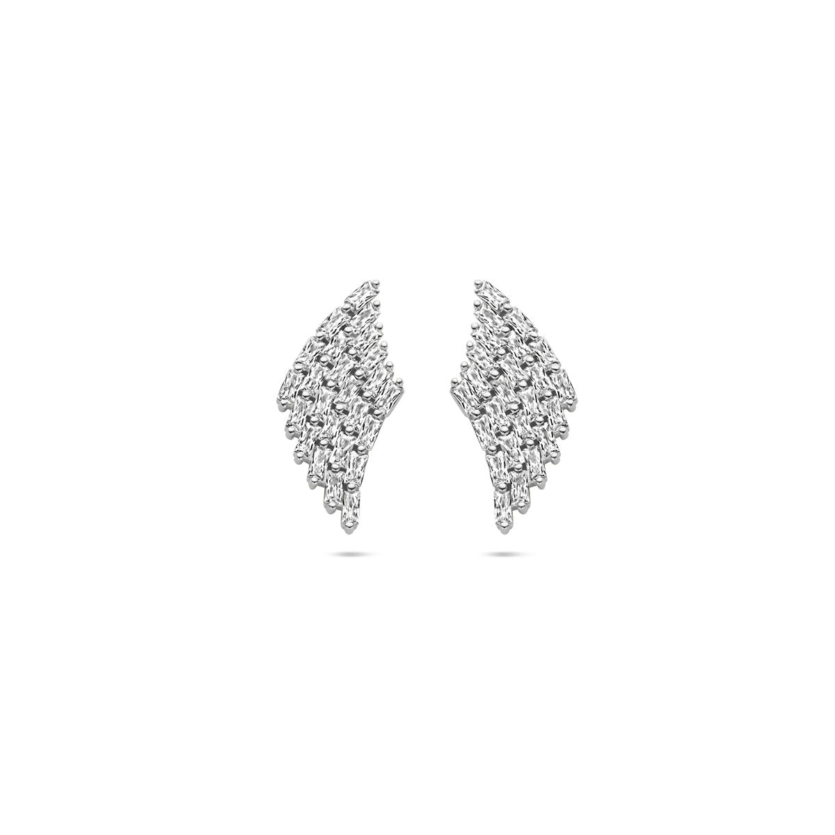 Orecchini in argento rodiato con zirconi, forma a ventaglio, misura 23 mm.