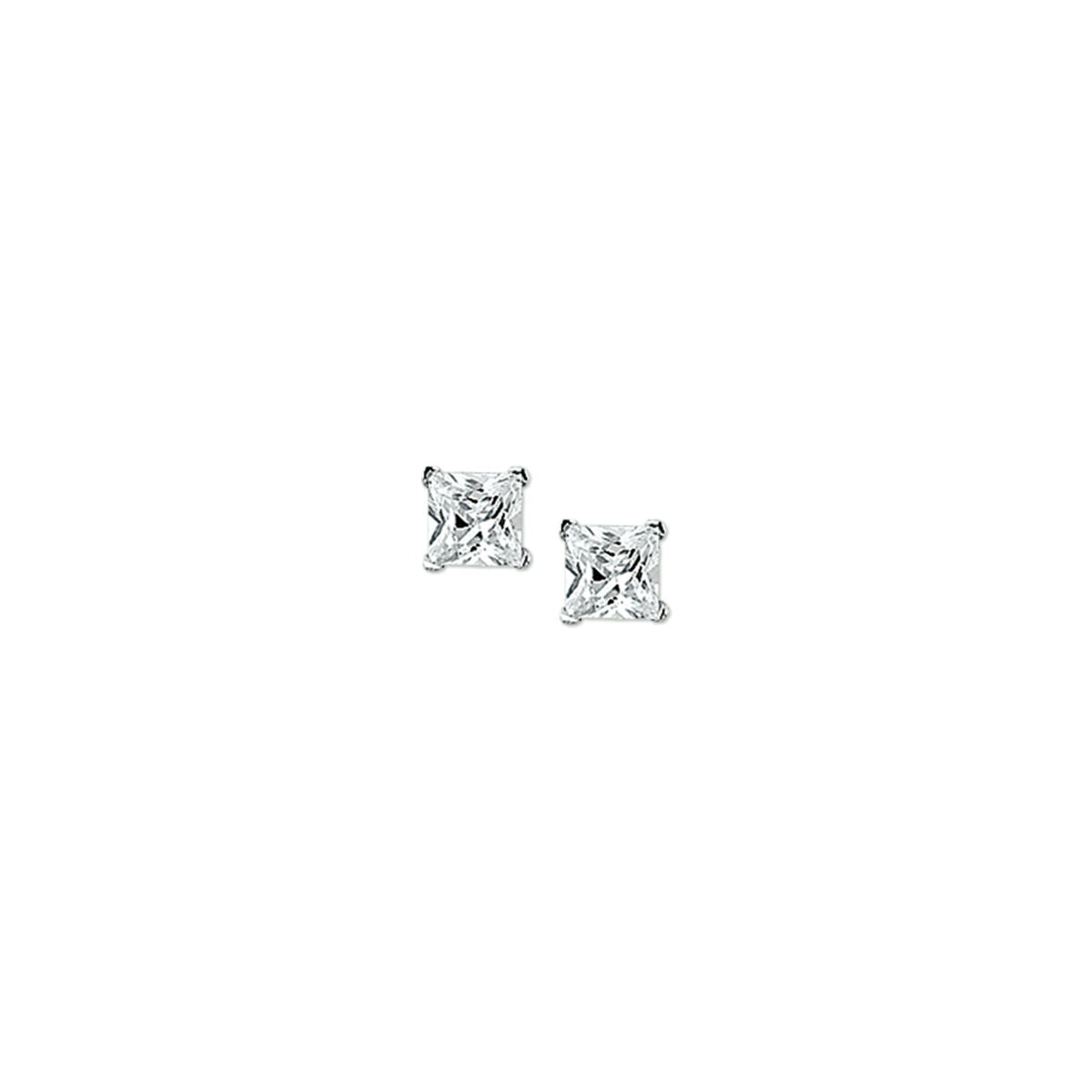 Orecchini in argento rodiato con zirconi trasparenti a forma quadrata.