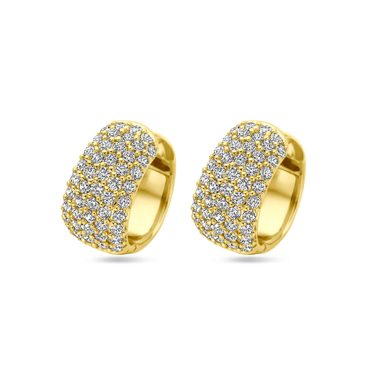 Klapoorringen van 1 micron zilver verguld met een gele afwerking, bezet met zirkonia steentjes.