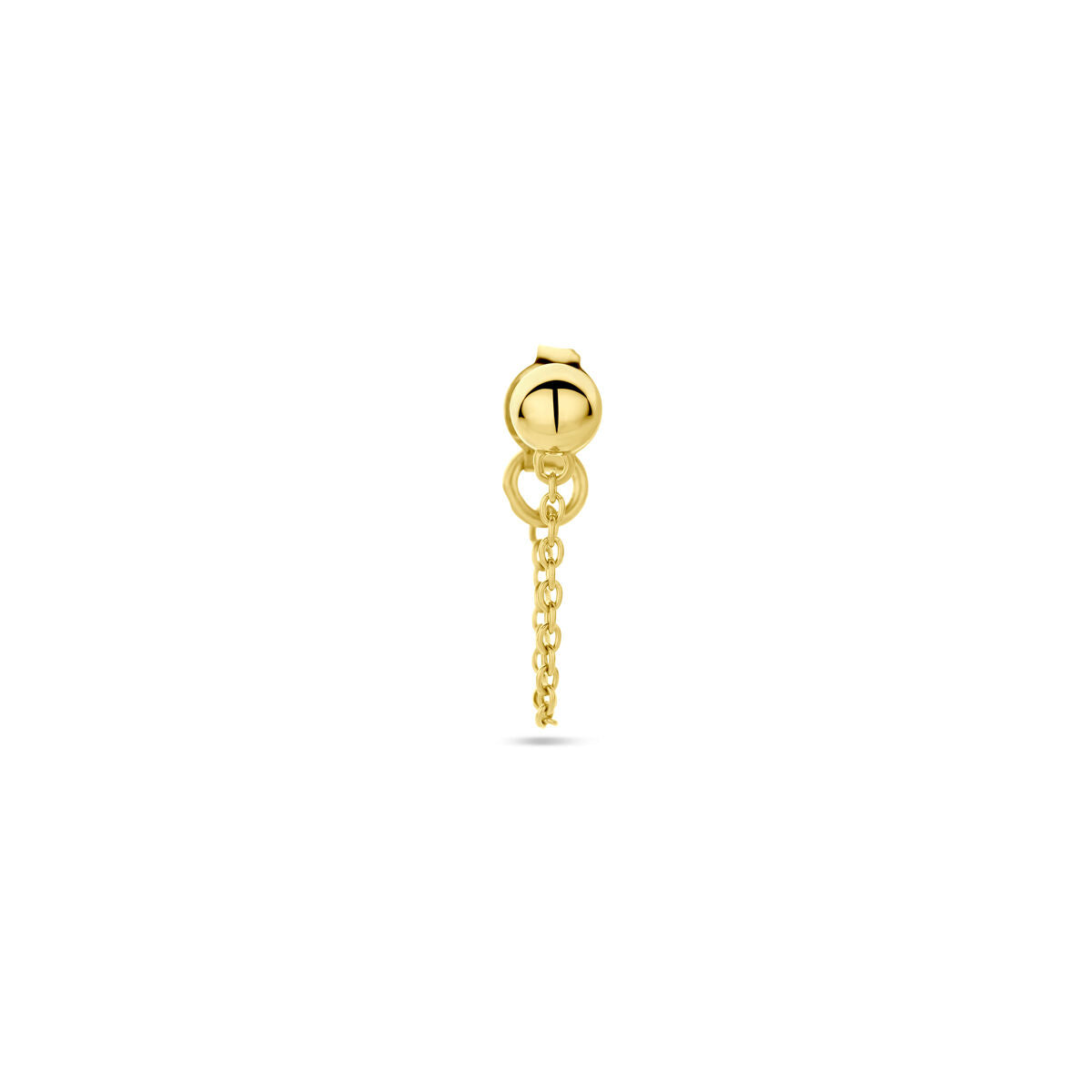 Geel vergulde oorknop in half-bolvorm met een hangende ketting.