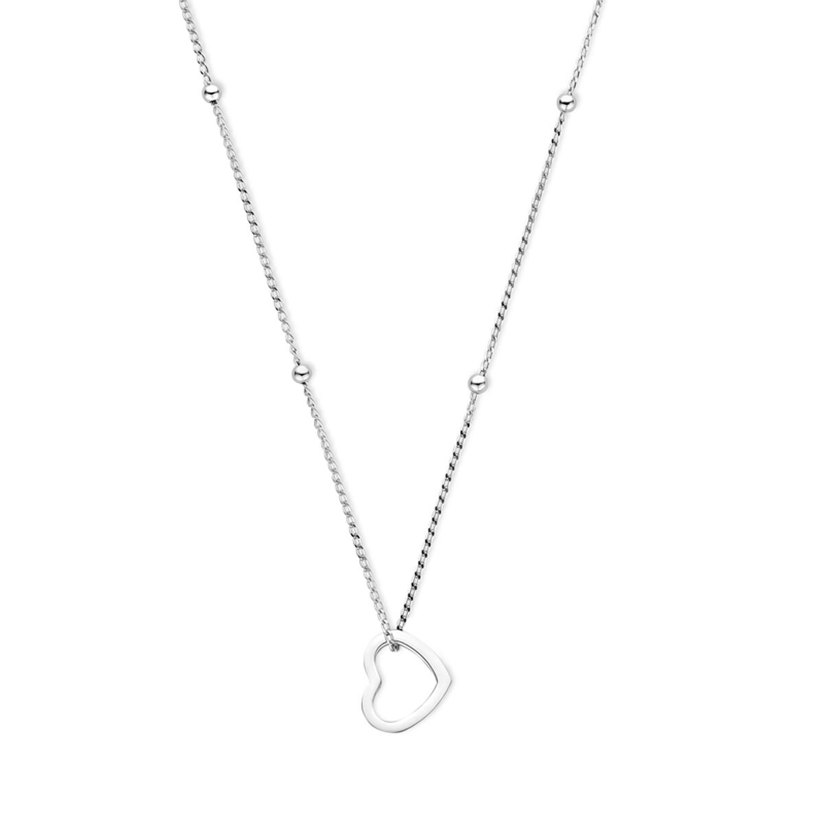 Collana con cuore in argento rodiato, con maglie rolò e dettagli a sfera.