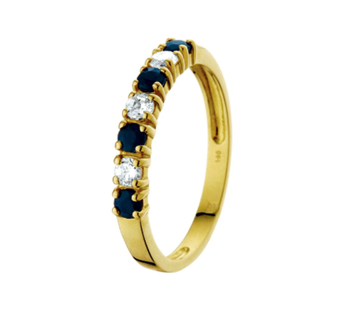 Anello in oro giallo 14K con zaffiri e zirconi, design sottile e brillante.