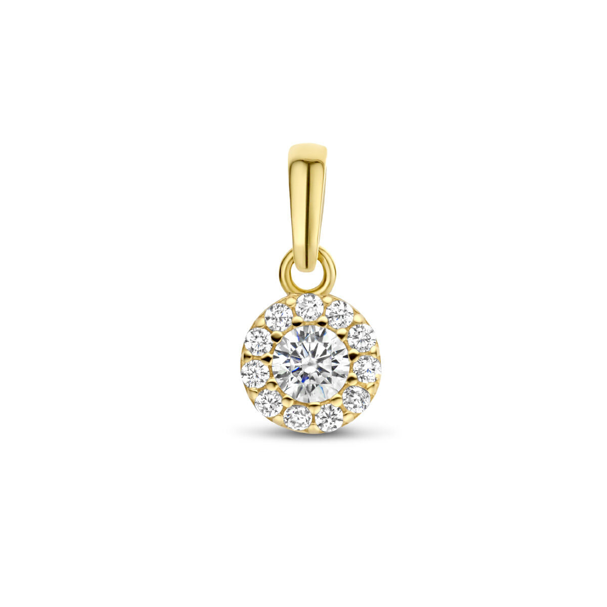 Ciondolo in oro giallo 14K con zirconi a forma di halo.