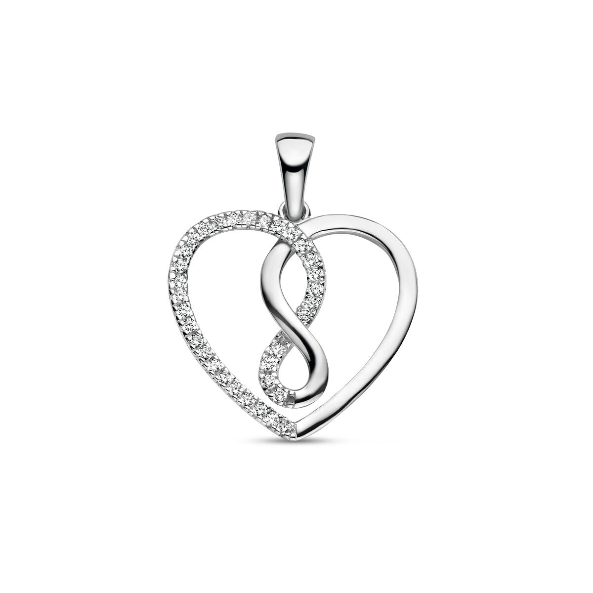 Zilveren gerhodineerde hanger in de vorm van een hart met een infinity-teken, versierd met zirkonia.