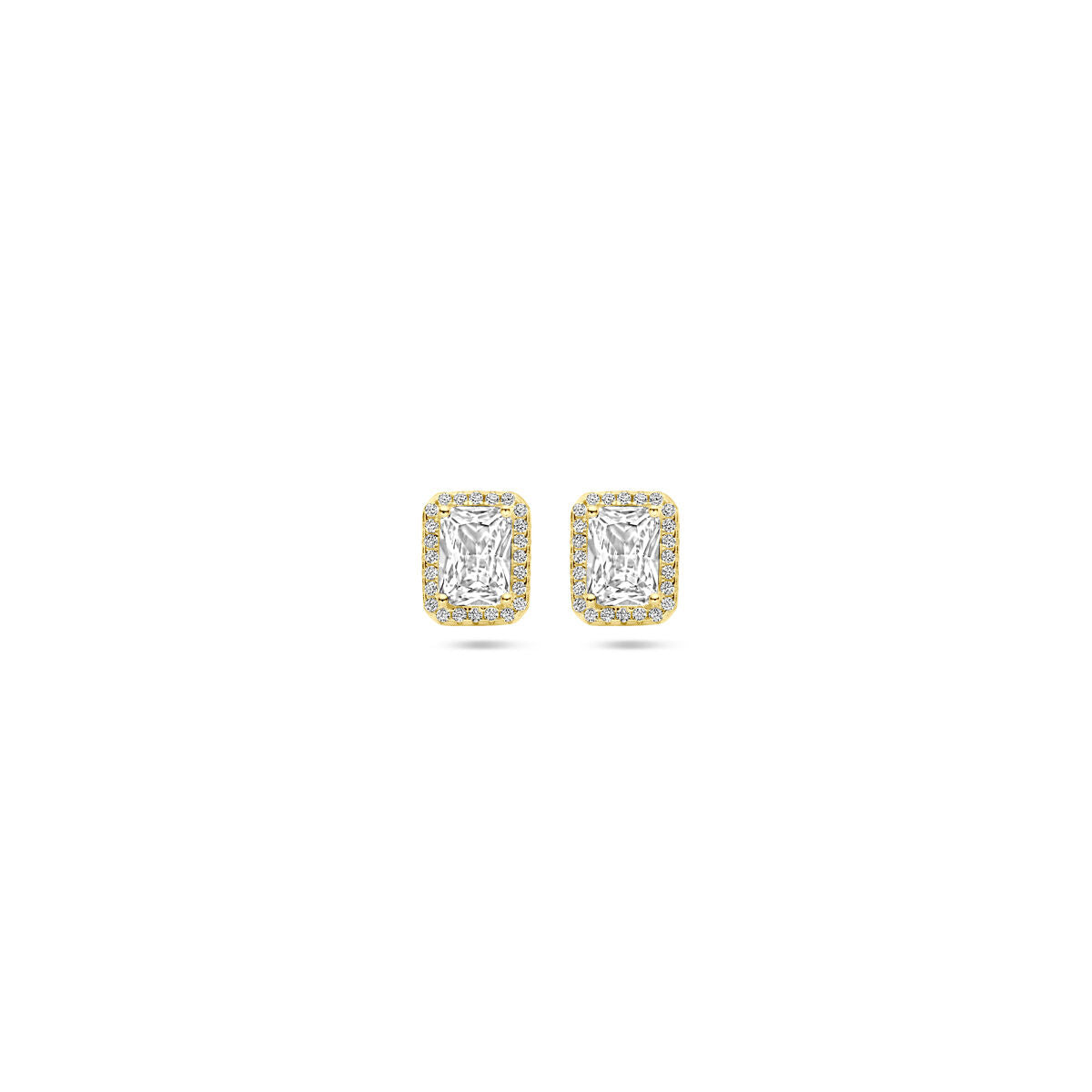 Oorknoppen van zilver verguld met een gele afwerking, versierd met zirkonia in een halo-vorm van 9,5 mm.
