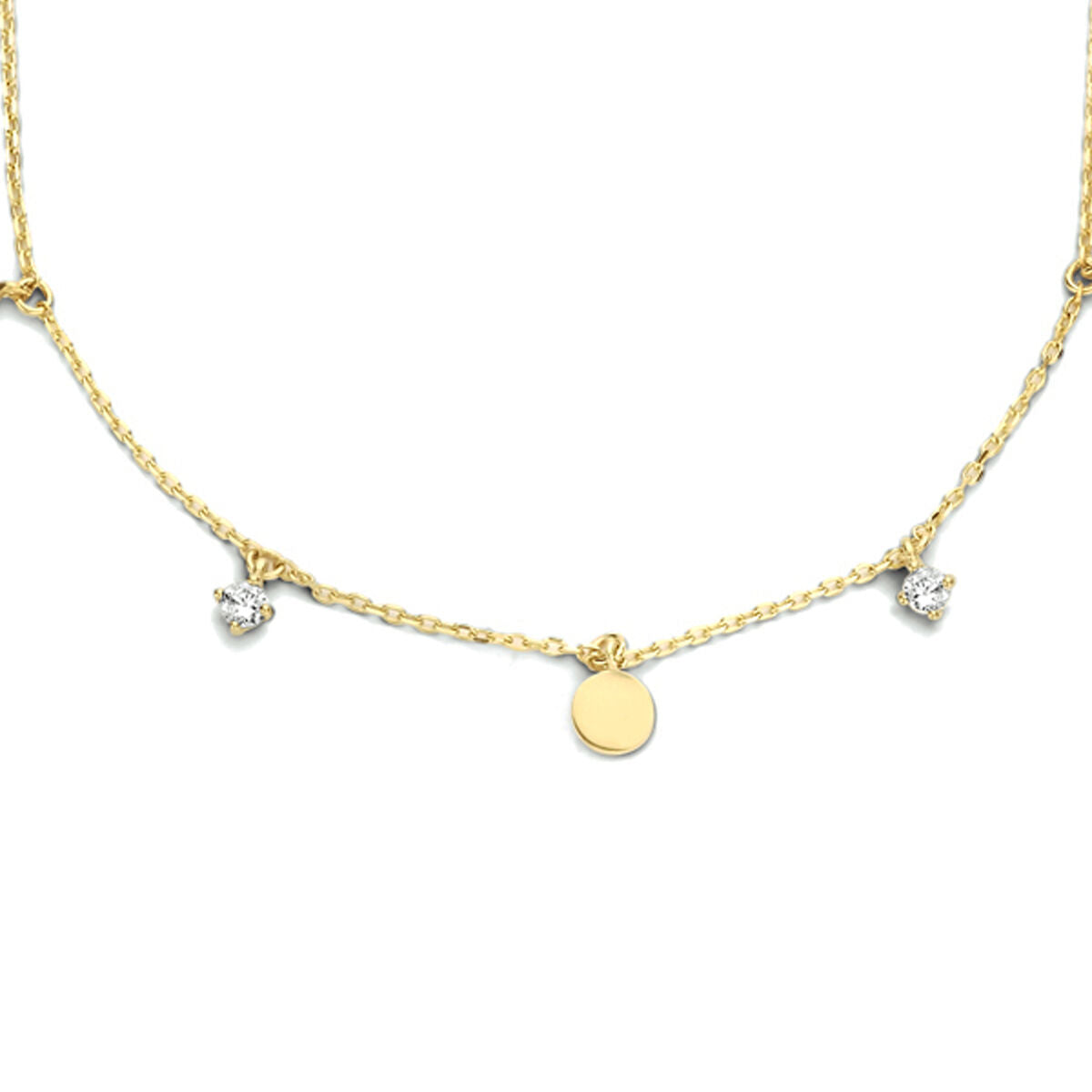 Collana in oro giallo 14K con cerchi e zircone, lunghezza 40-42-44 cm.