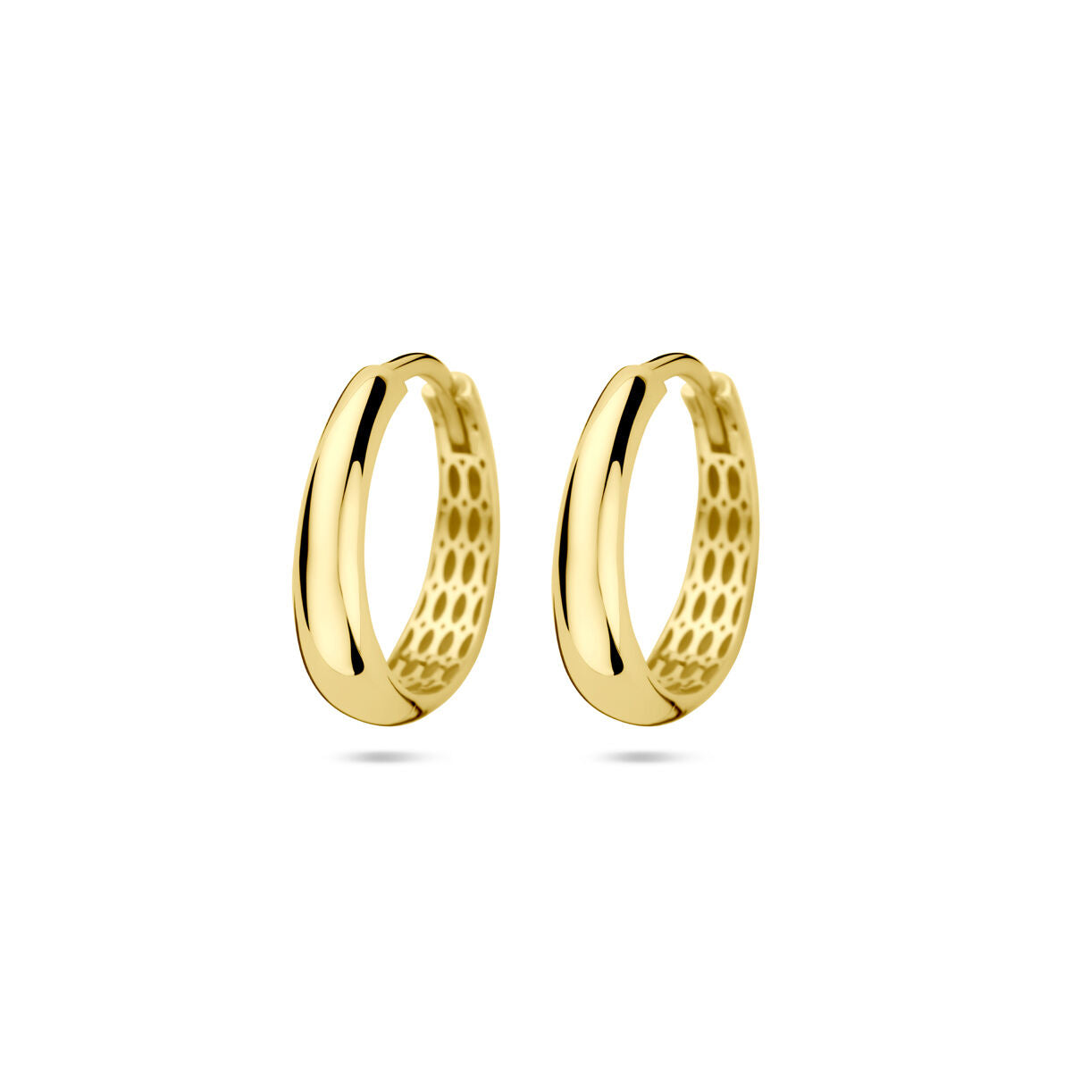 Orecchini alla creola in oro giallo 14K, diametro 18 mm, con finitura lucida.