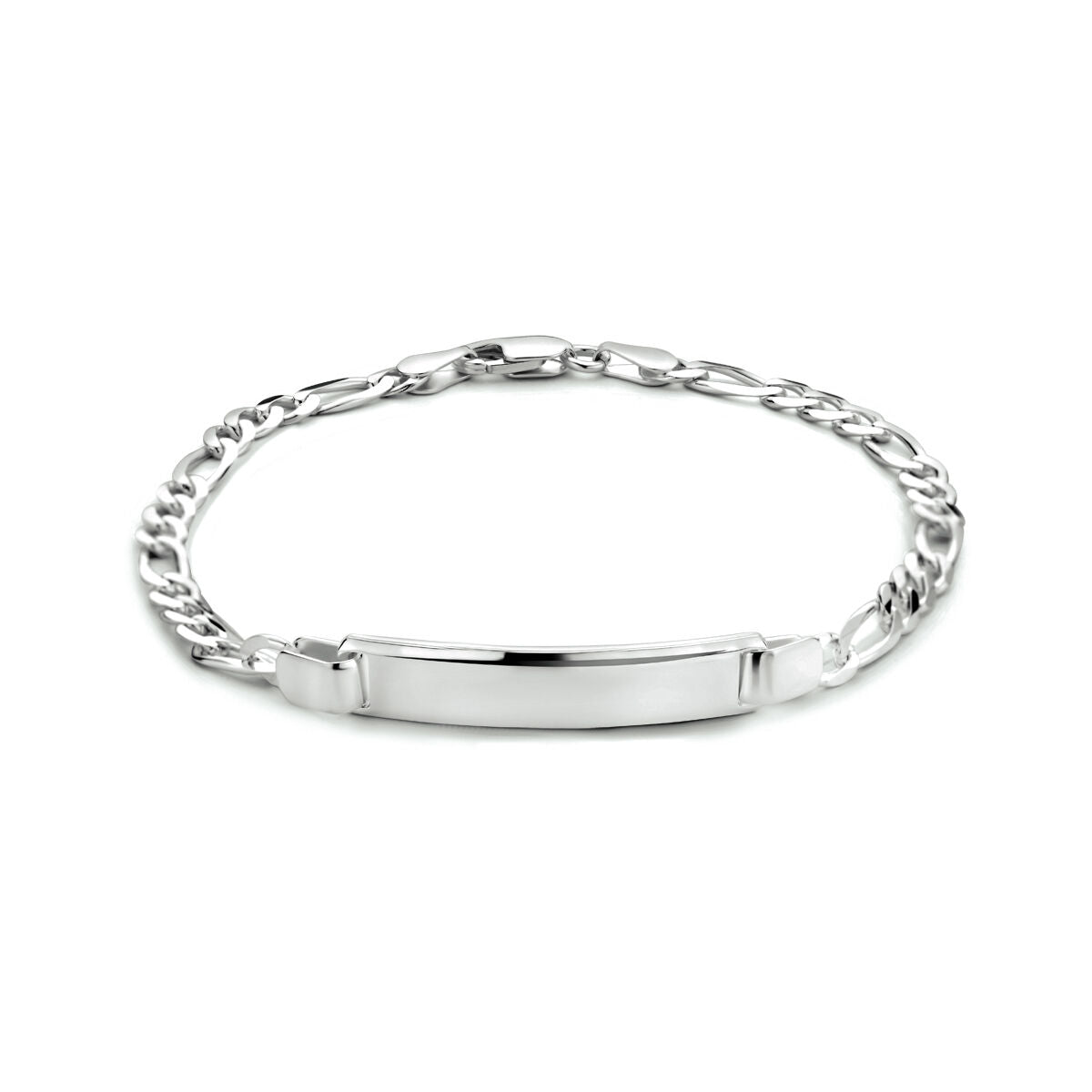 Bracciale figaro in argento bianco con piastra per incisione, larghezza 6,0 mm e lunghezza 19 cm.