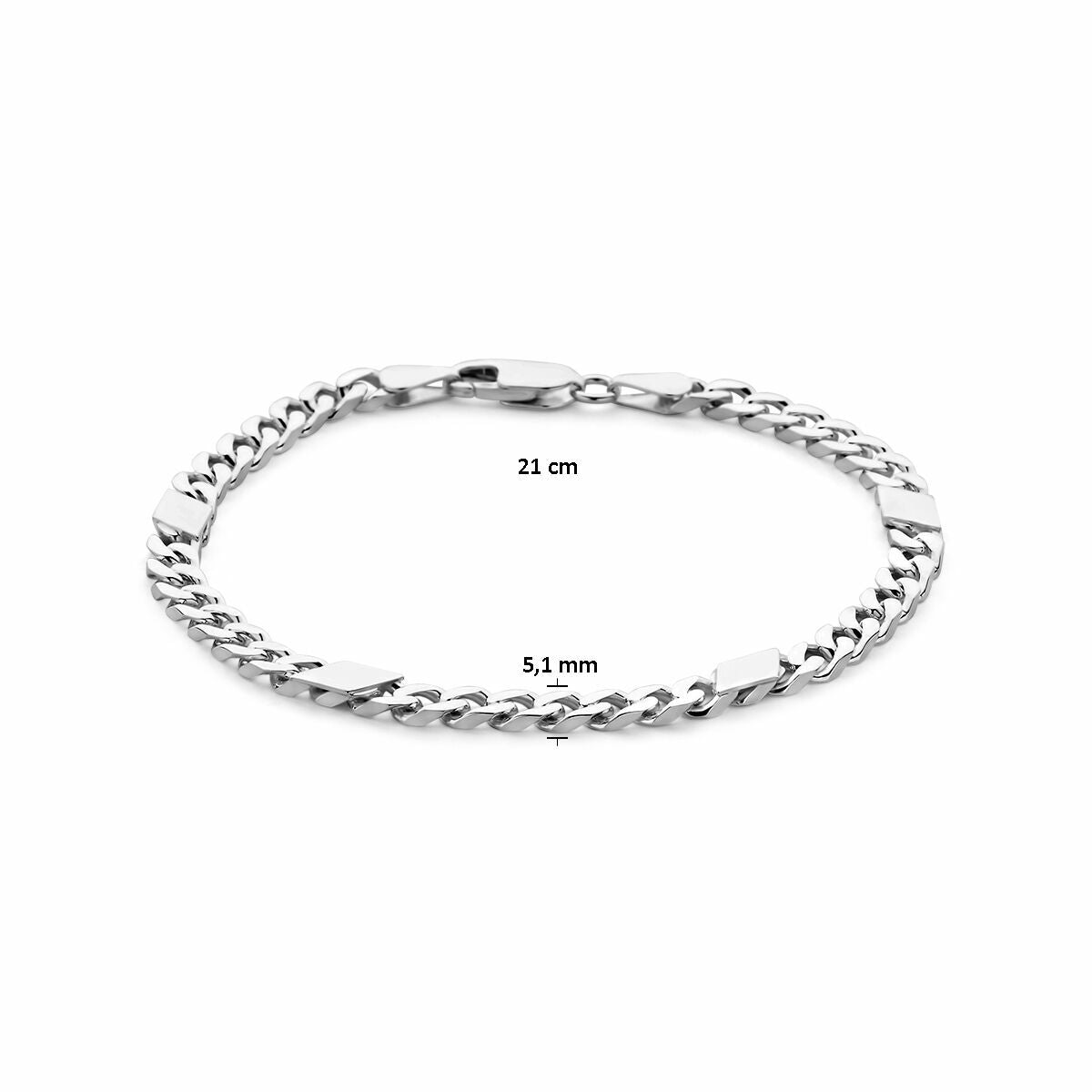bracciale gourmette con elemento intermedio 5,1 mm 21 cm sfaccettato a 6 lati argento bianco