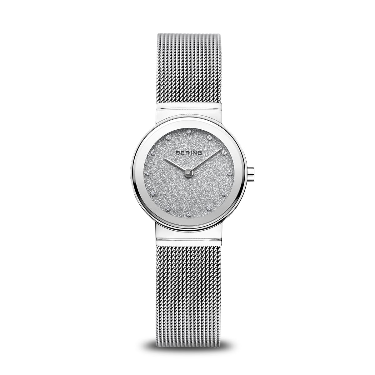 Orologio da donna Bering con quadrante Stardust, cassa rotonda argentata e cinturino in maglia.