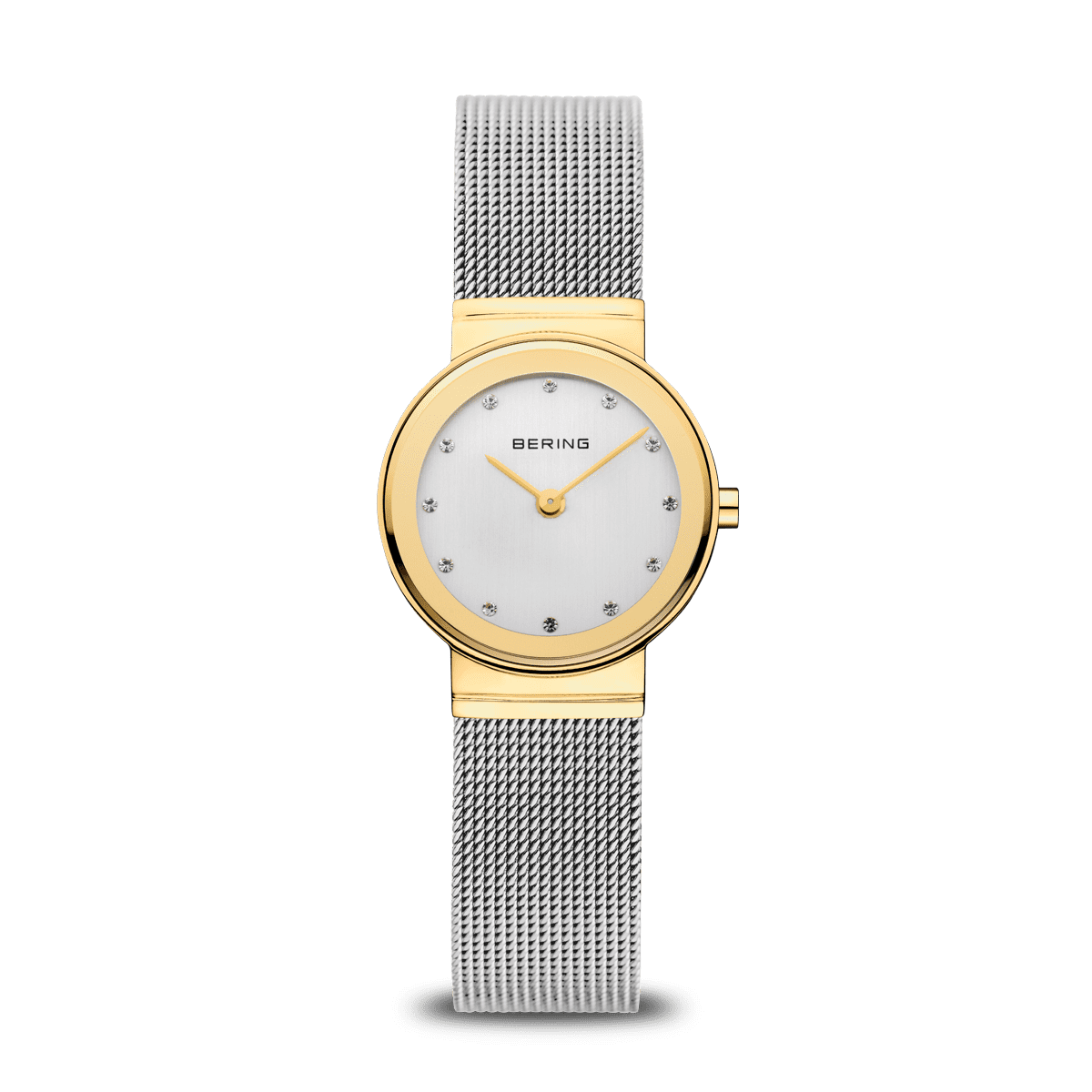 Orologio da donna con quadrante argentato, cassa dorata e cinturino in maglia rolò.