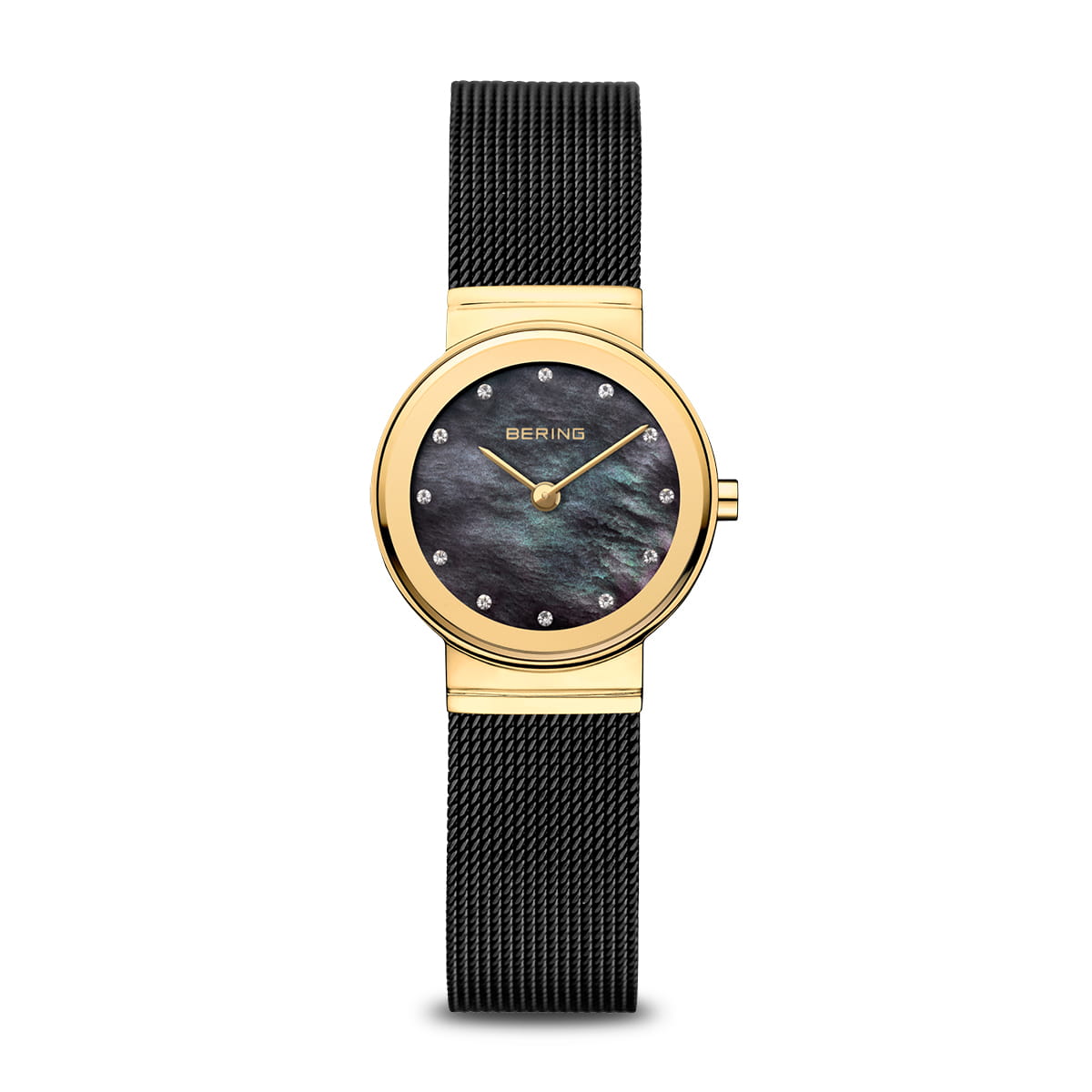 Orologio da donna con quadrante nero, cassa dorata e cinturino in maglia.