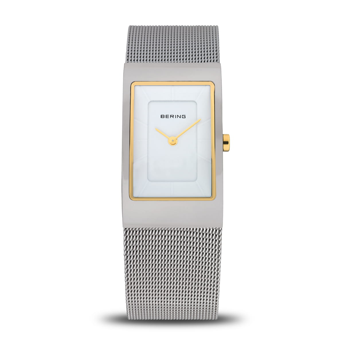 Orologio da donna con quadrante bianco, cassa rettangolare argentata e cinturino in maglia rolò.