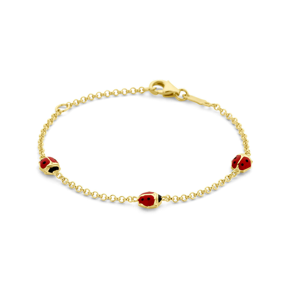 Bracciale in oro giallo 14K con charm a forma di coccinella, lunghezza 11-13 cm.