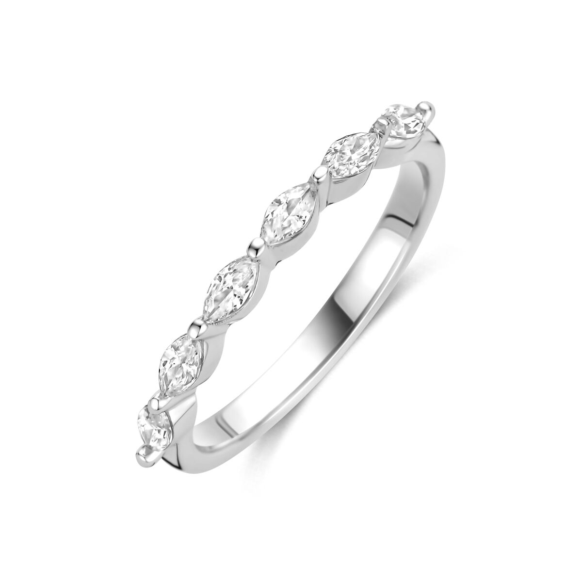 Zilveren damesring van gerhodineerd 925 zilver met markies zirkonia in een golvende zetting.
