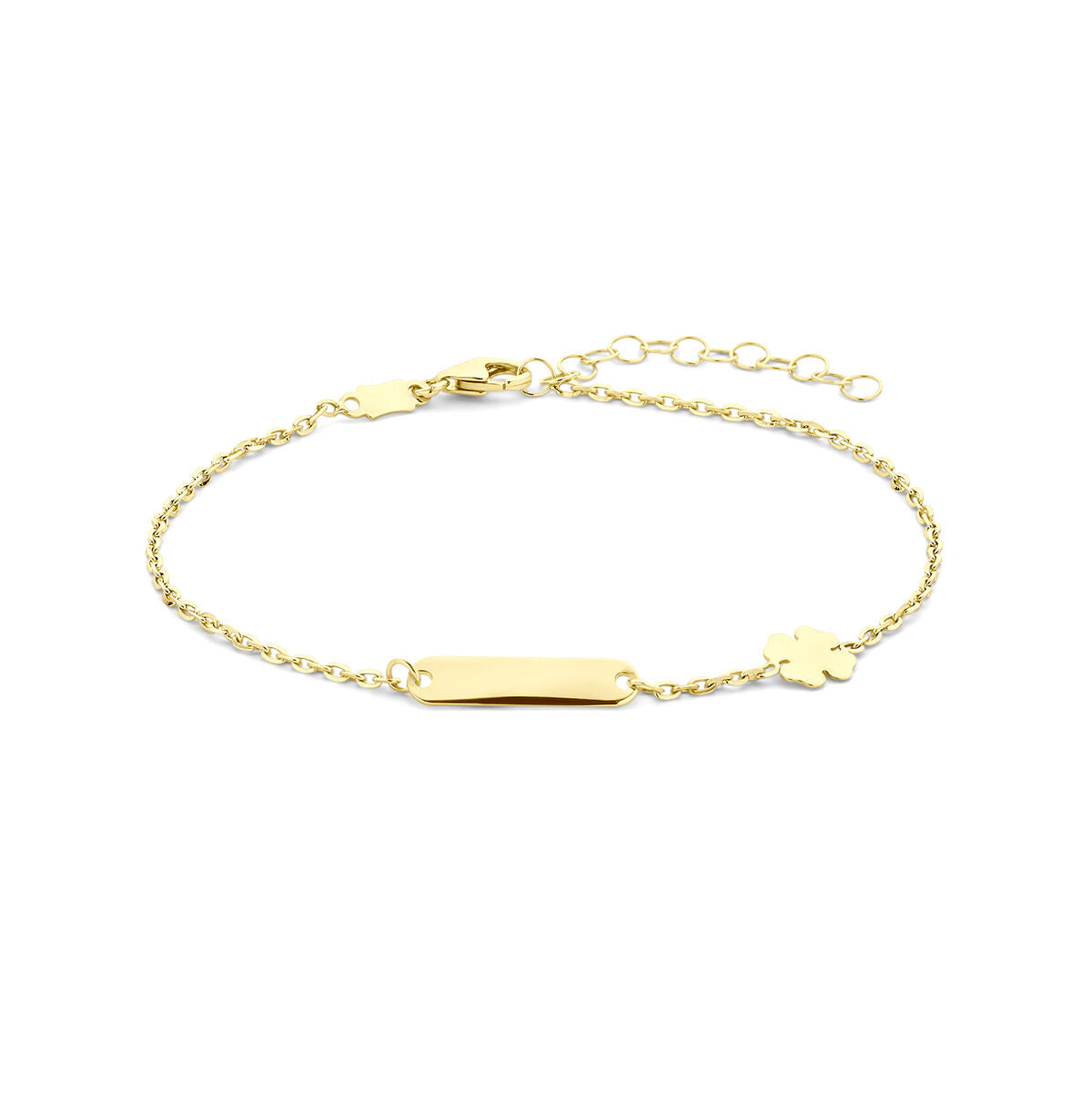 Bracciale in oro giallo 14K con placca per incisione e charm a forma di quadrifoglio.