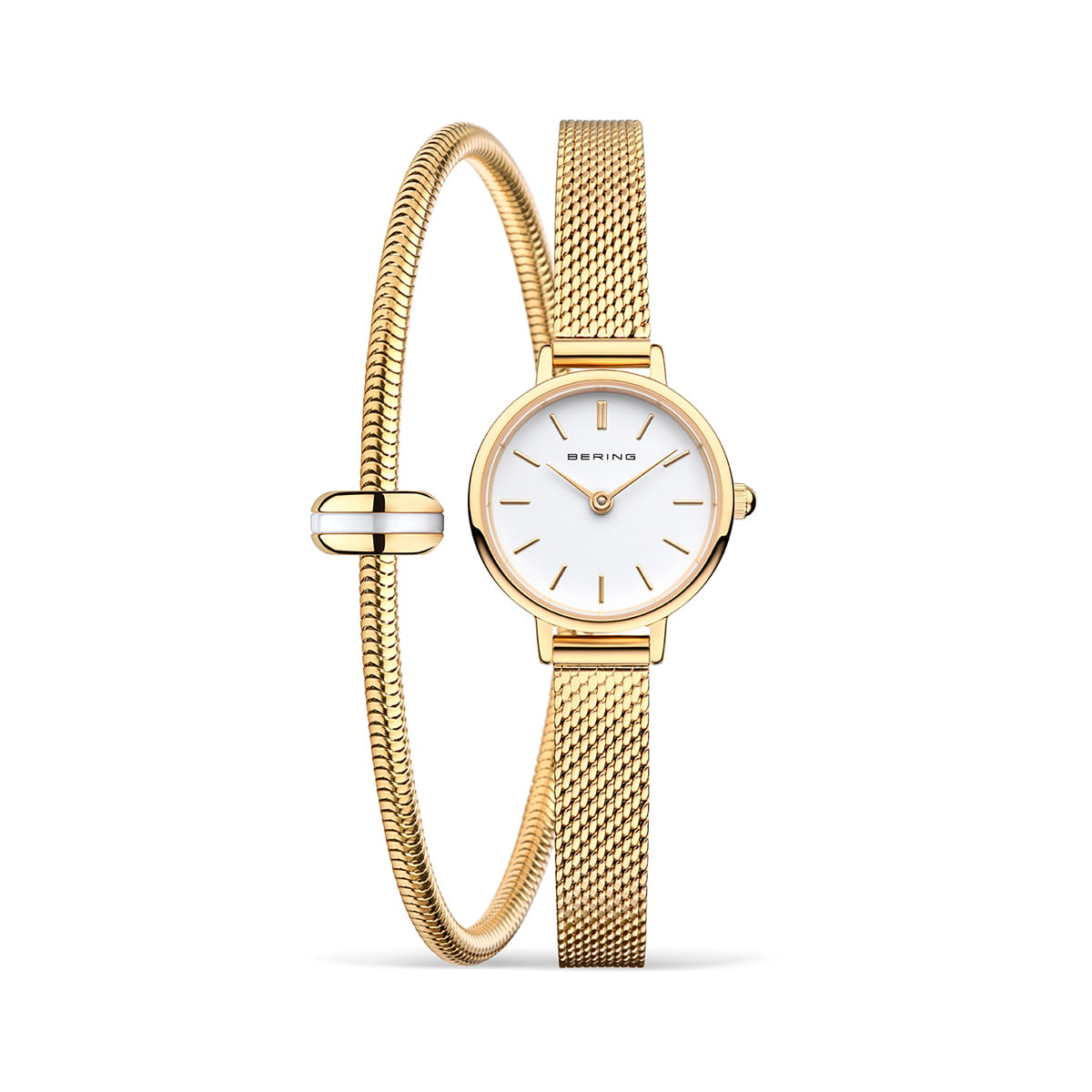 Orologio con cassa dorata e quadrante bianco, cinturino in maglia rolò dorata e bracciale coordinato.