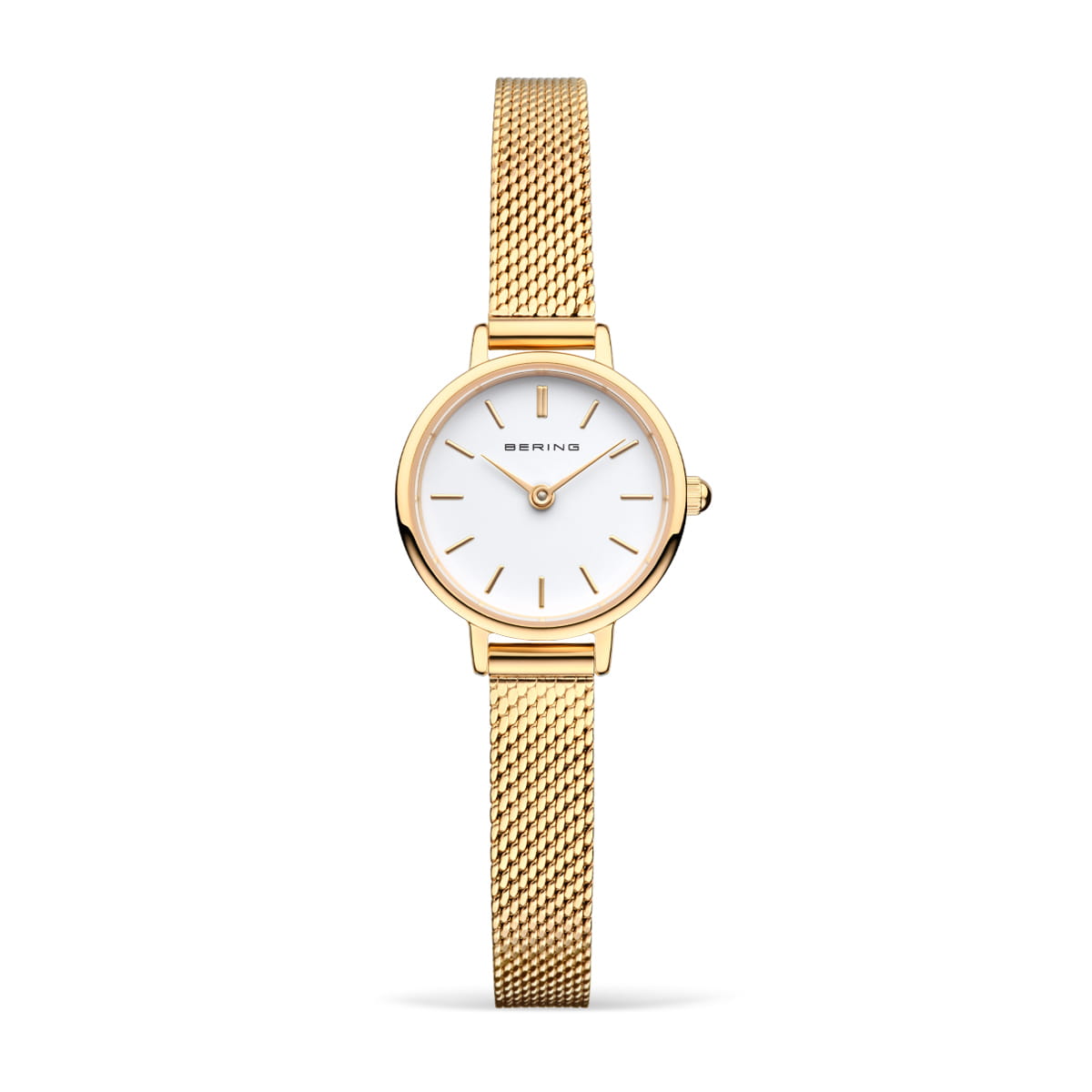 De 11022-334-Lovely-1-GWP190 Bering dameshorloge heeft een strak gouden design met een witte wijzerplaat, minimalistische markeringen, dunne mesh band en duurzaam saffierglas. Dit quartz uurwerk straalt klassieke elegantie uit met de merknaam Bering op de wijzerplaat.