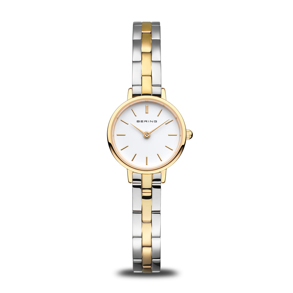 Orologio con cassa dorata e quadrante bianco, cinturino in acciaio bicolore.