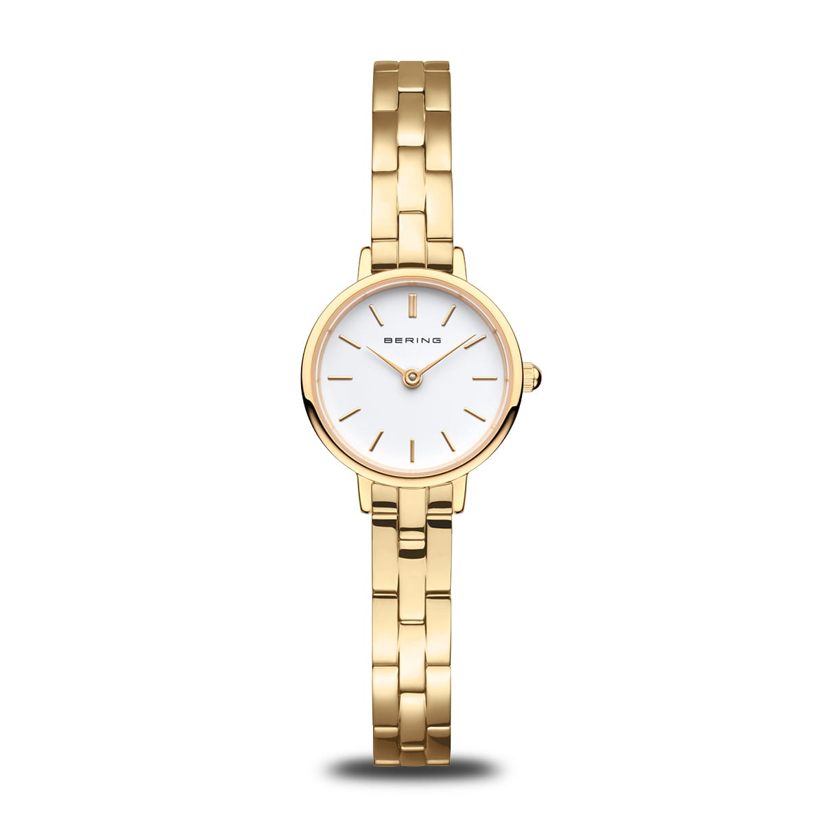 Orologio dorato con quadrante bianco e cinturino a maglia rolò.