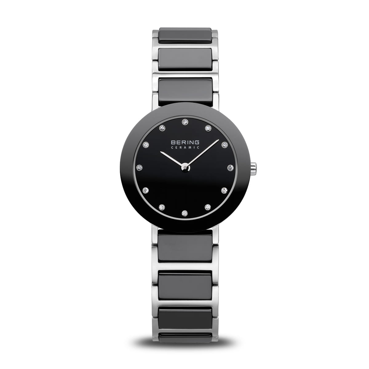 Orologio con cassa rotonda nera, quadrante nero e bracciale in acciaio inox e ceramica.