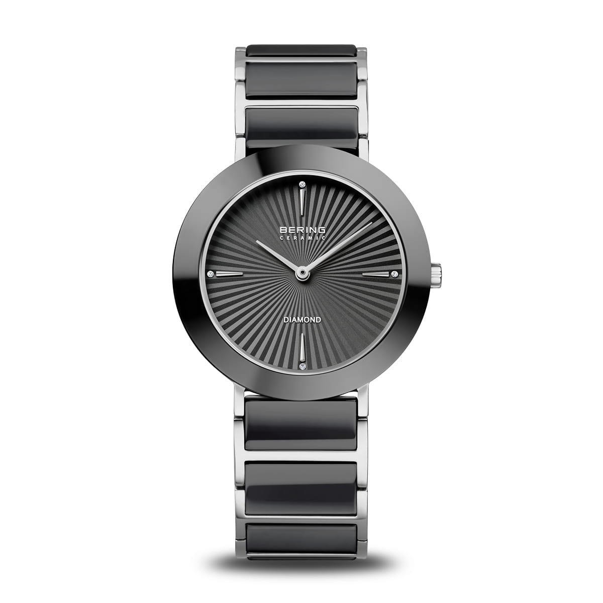 Orologio con cassa rotonda in acciaio inox, quadrante grigio con motivo a raggi e cinturino in maglia rolò.
