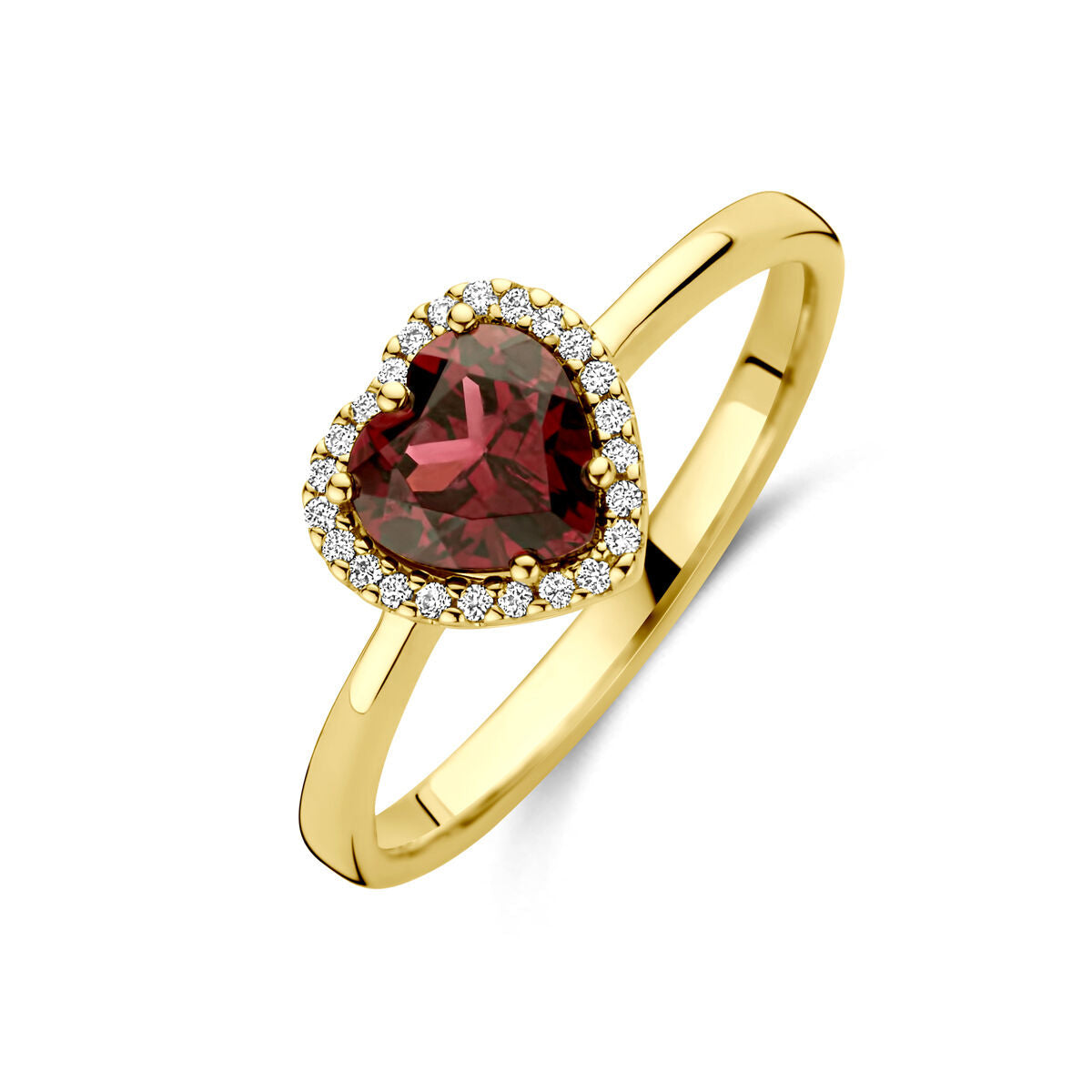 Anello in oro giallo 14K con cuore di rodolite rosa e diamanti da 0,06 ct.