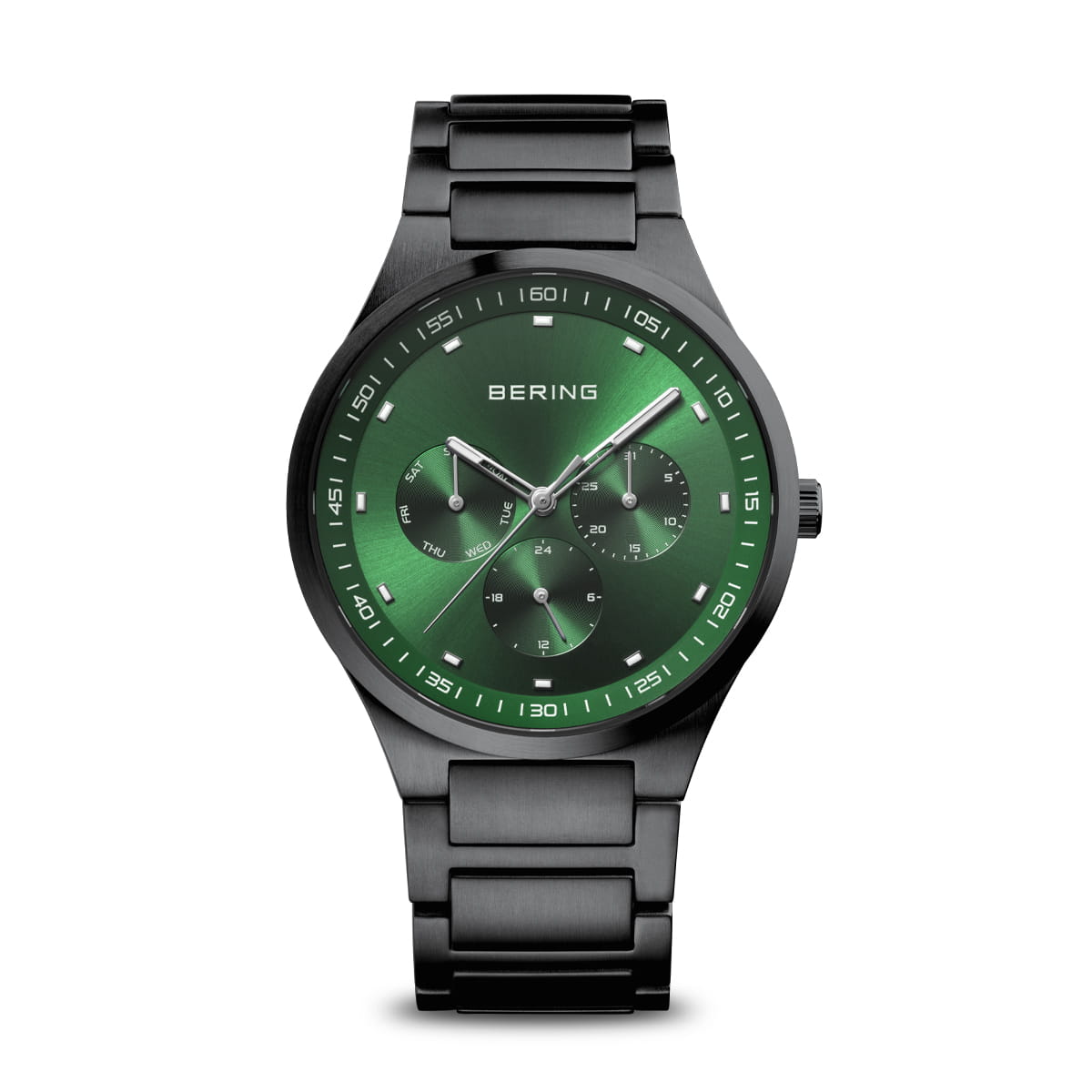 Orologio da uomo Bering con quadrante verde, cassa nera e cinturino in acciaio.