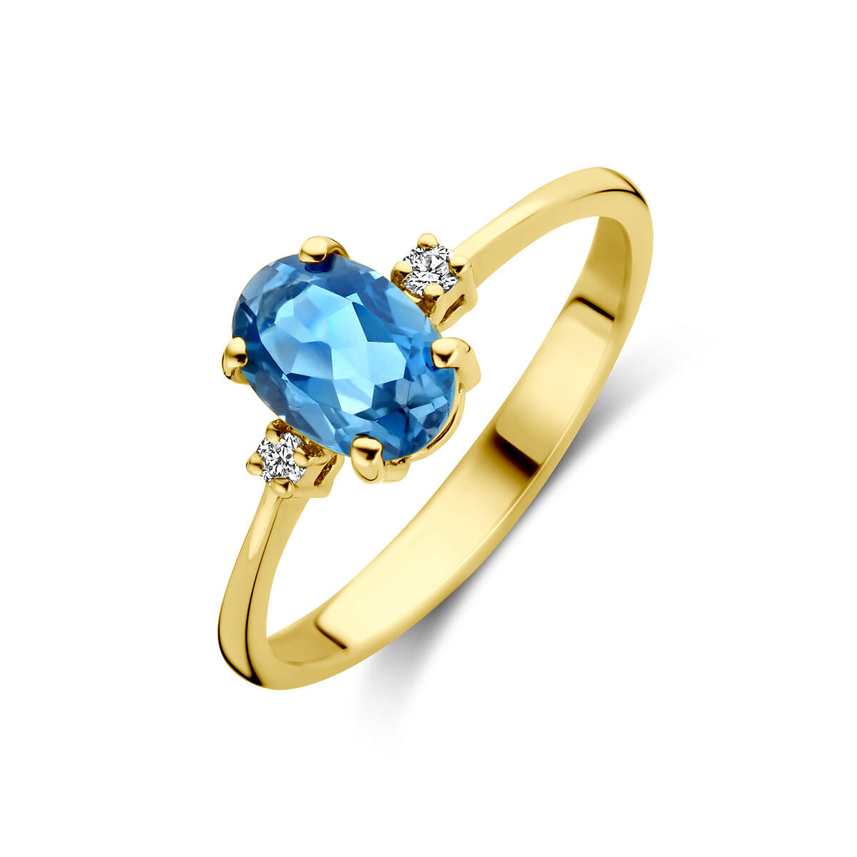 Anello in oro giallo 14K con topazio blu di Londra e diamanti da 0,04 ct.
