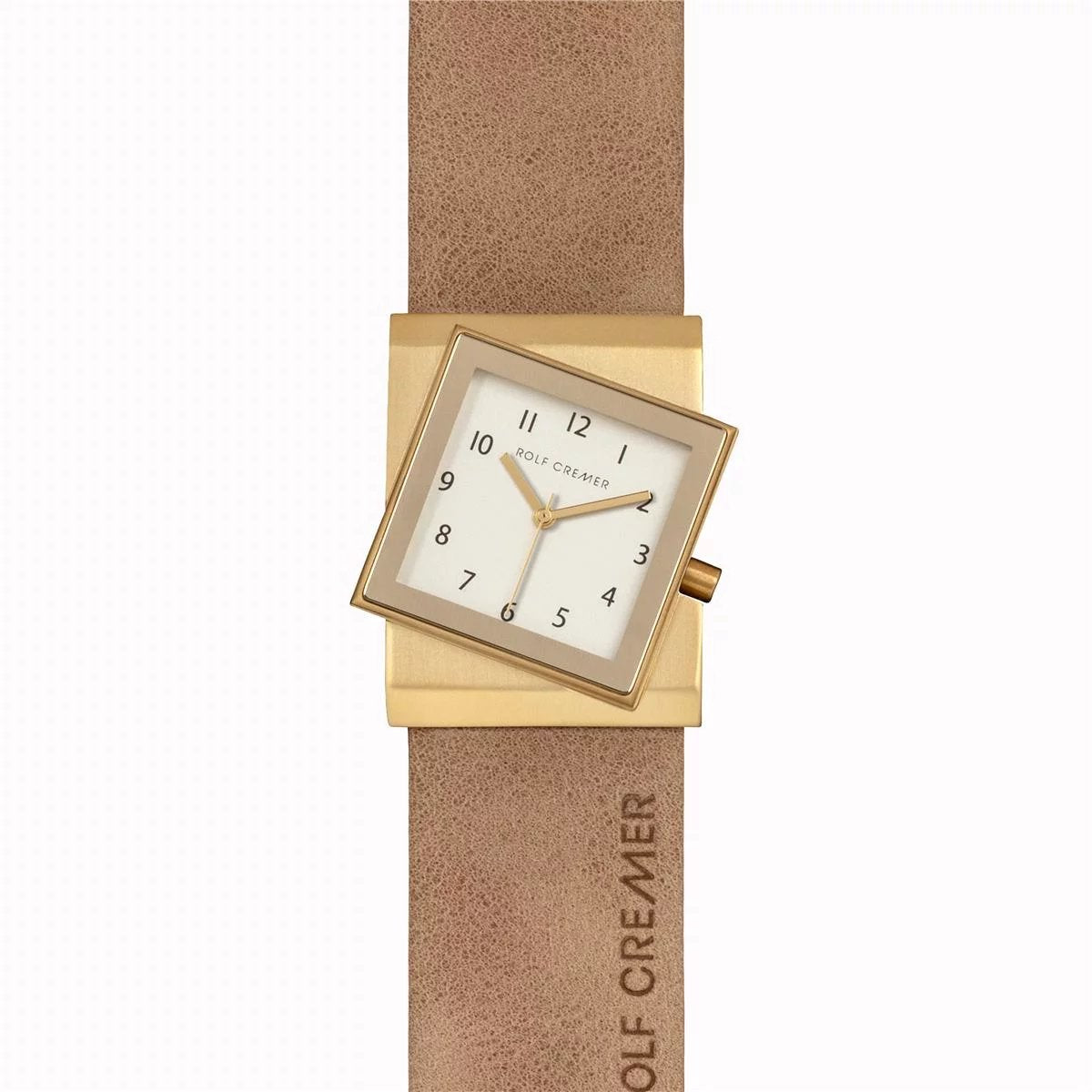 Orologio quadrato dorato con cinturino in pelle beige e quadrante chiaro.