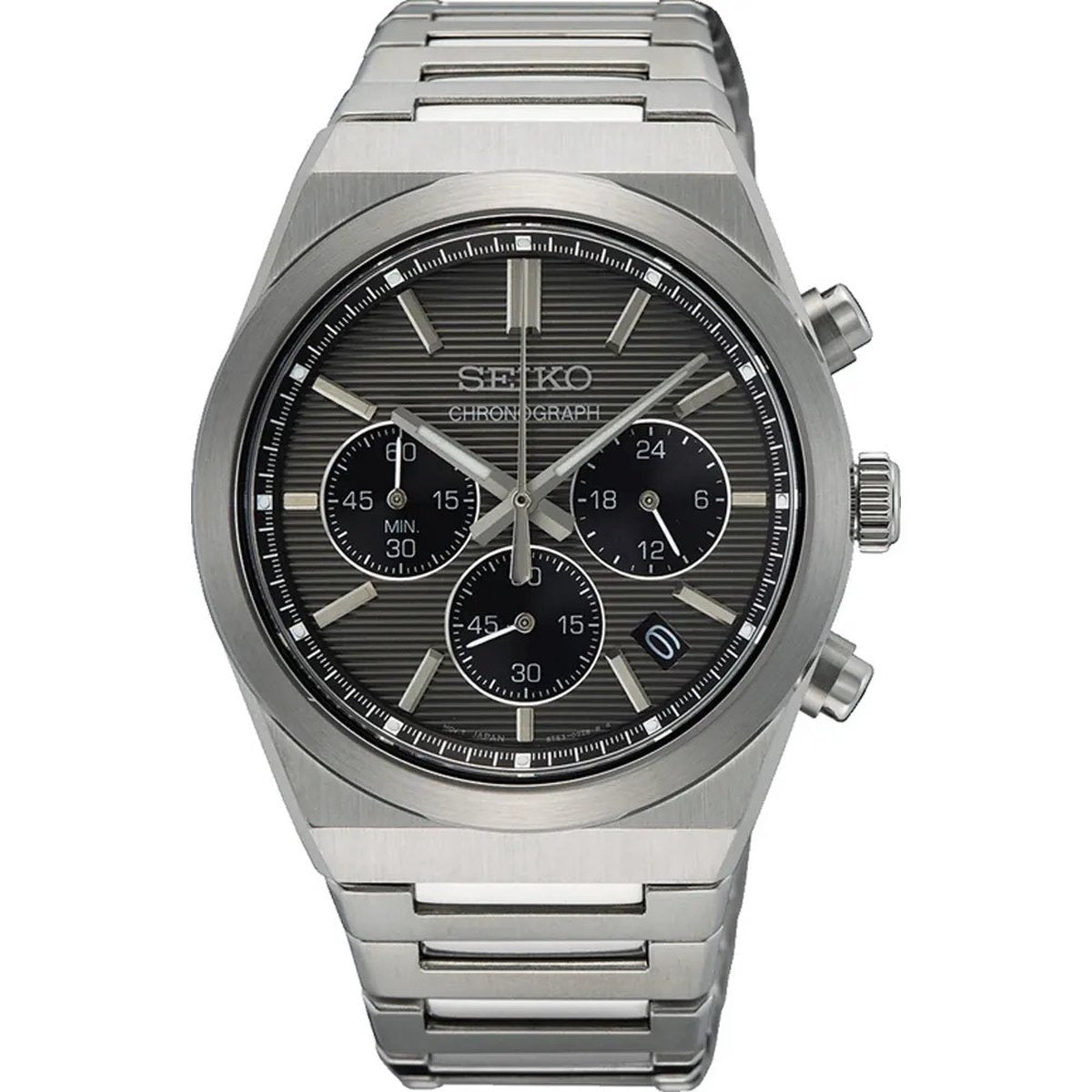 Orologio da uomo Seiko con cassa in acciaio inox, quadrante grigio e cronografo.