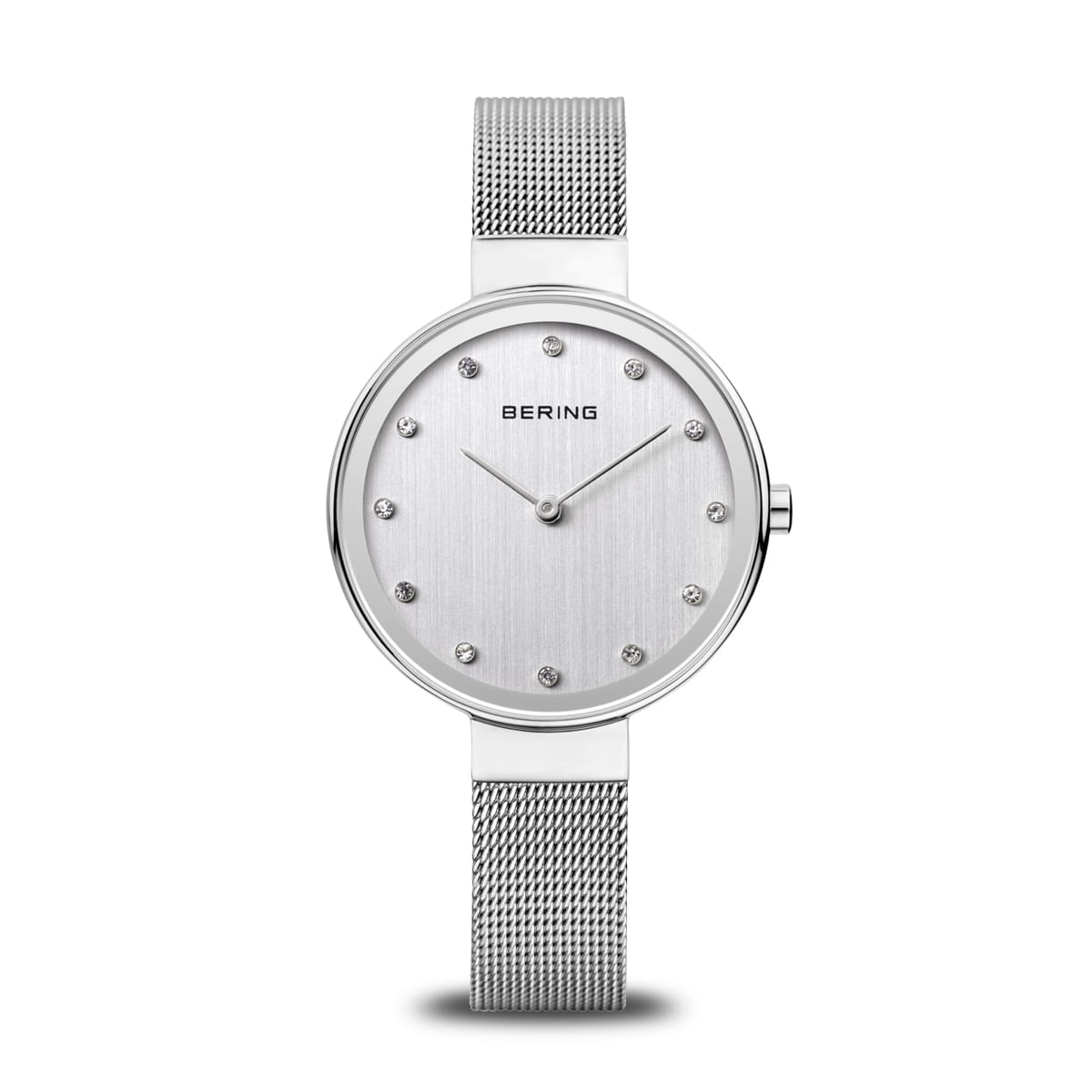 Orologio con cassa argentata e quadrante lucido, cinturino in maglia rolò.