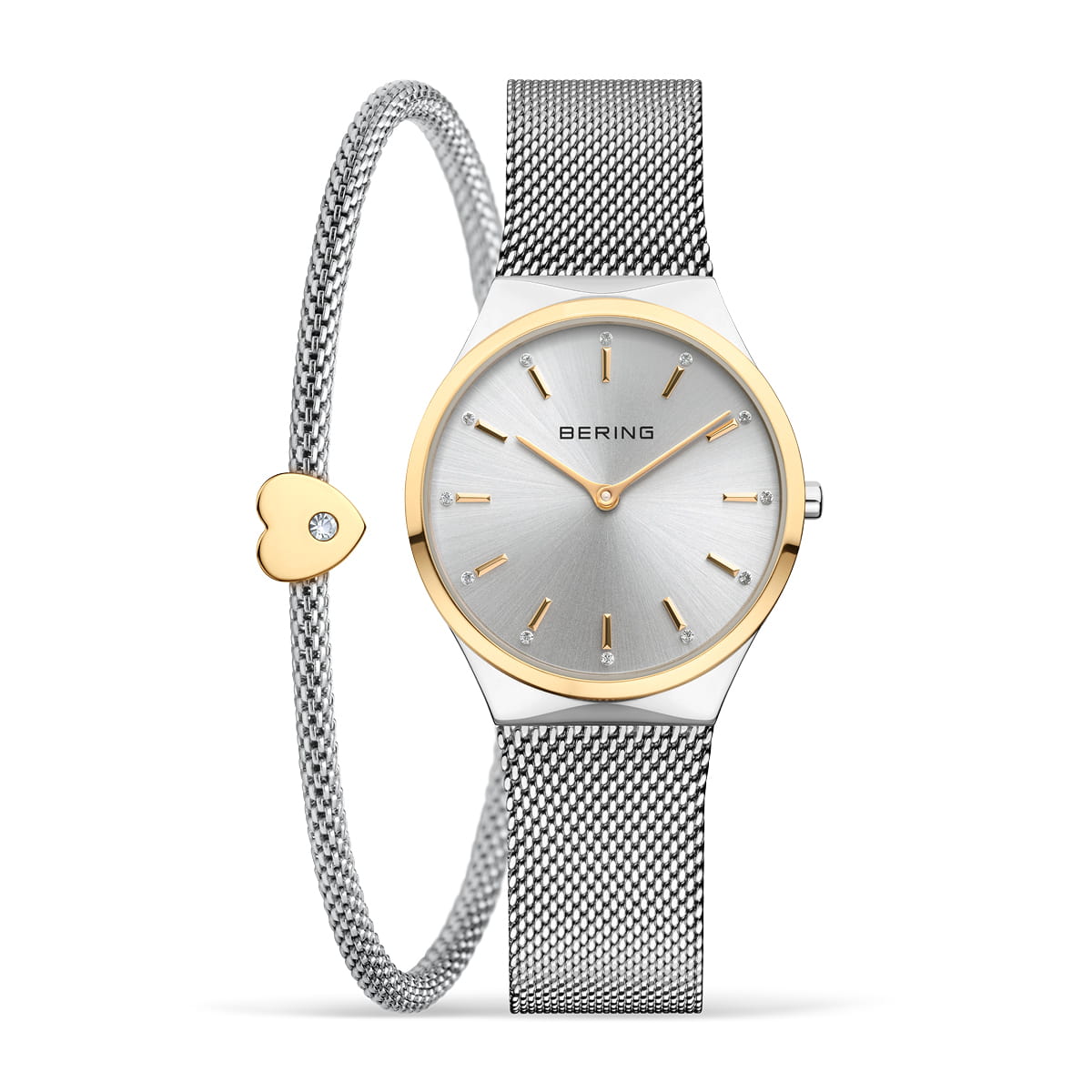 Orologio da donna con quadrante argentato, cassa in acciaio, cinturino in maglia e dettagli dorati.