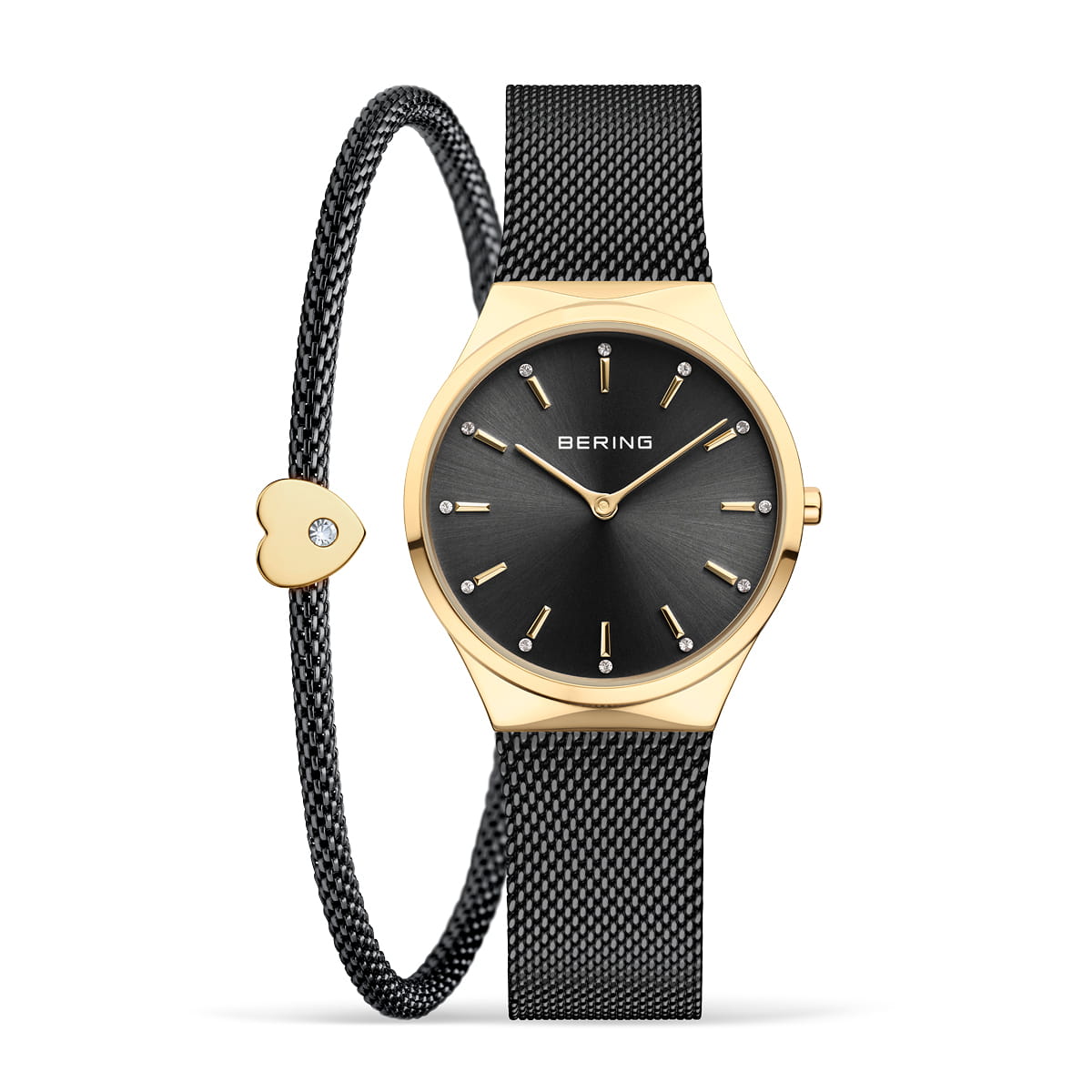 Orologio da donna con quadrante nero, cassa dorata e cinturino in maglia metallica nera, abbinato a bracciale con cuore.