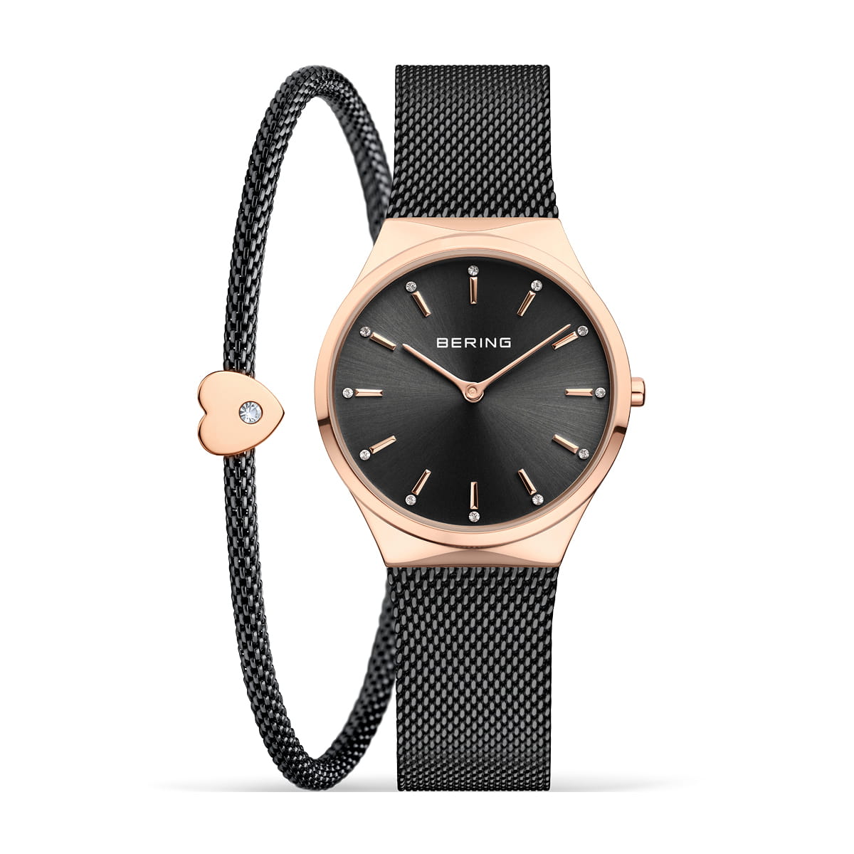 Orologio con cassa rosegold e quadrante nero, cinturino in maglia metallica nera, bracciale a cuore.