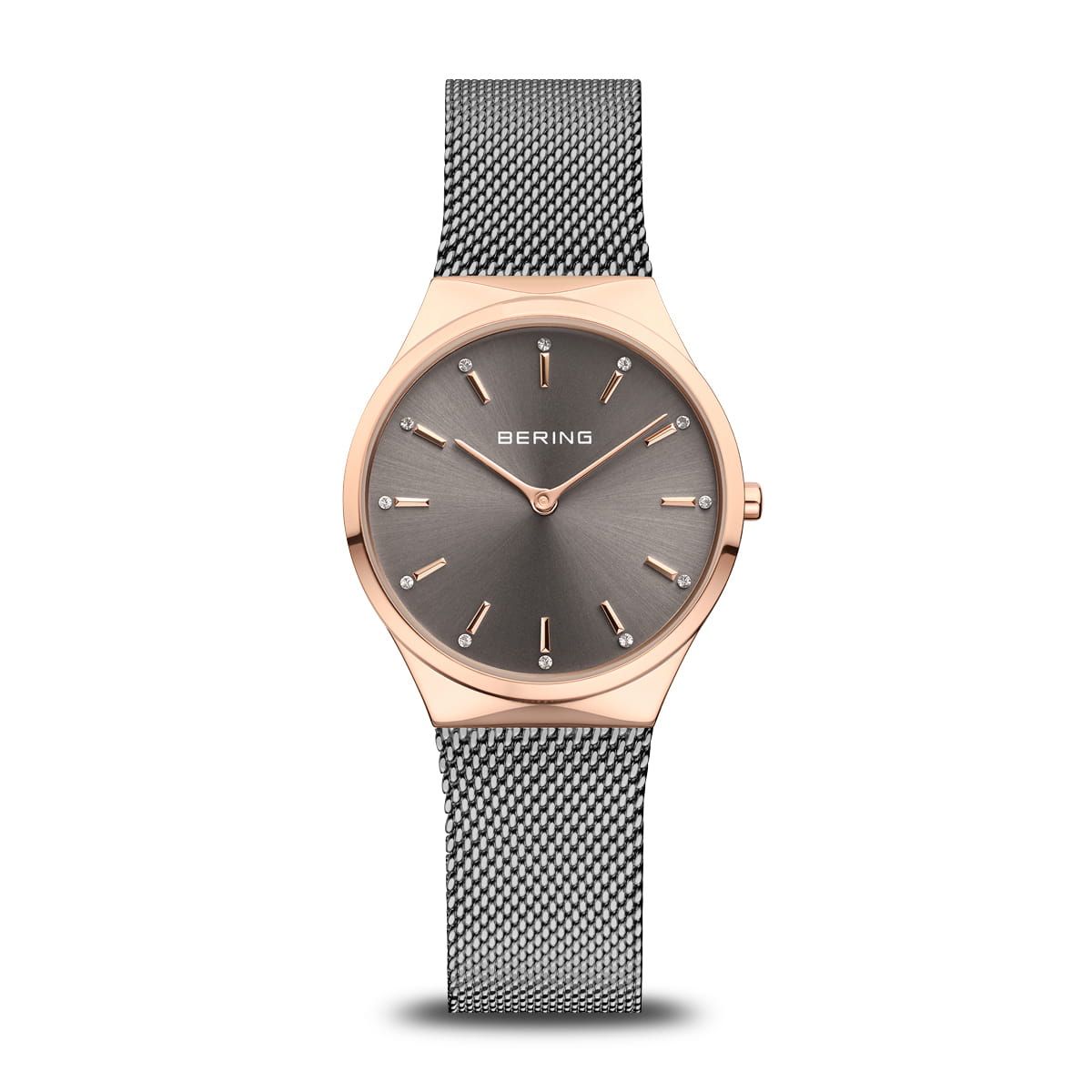 Orologio con cassa rosegold e quadrante grigio, cinturino in maglia metallica.
