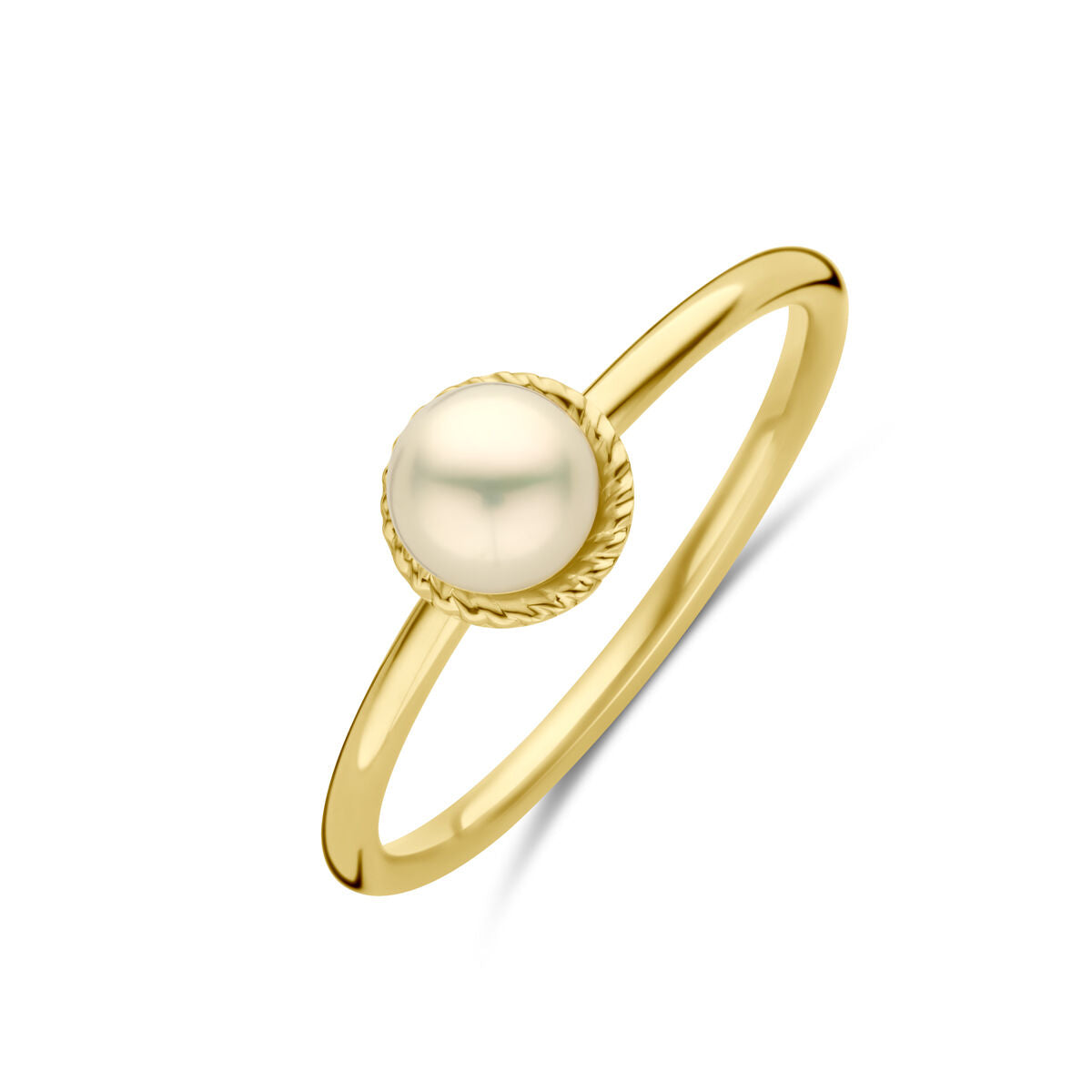 Anello in oro giallo 14K con perla centrale e finitura intrecciata.