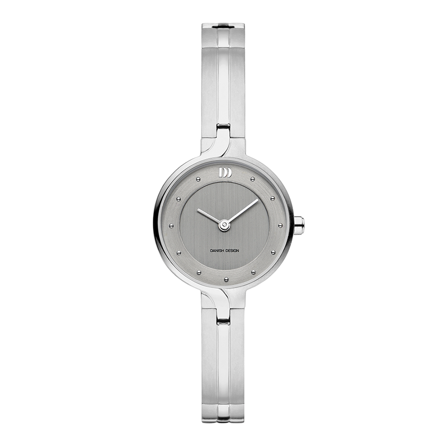Orologio con cassa argentata e quadrante grigio, cinturino in acciaio lucido.