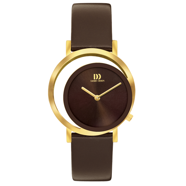 Orologio con cassa dorata, quadrante marrone e cinturino in pelle marrone.