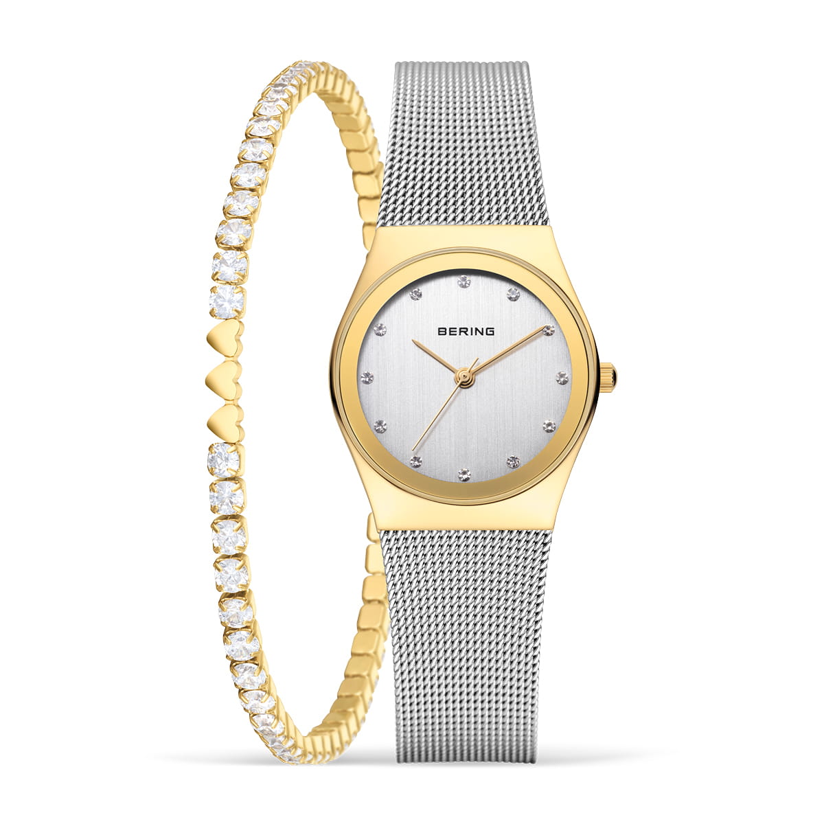 Orologio con cassa dorata, quadrante argentato e bracciale dorato con pietre.