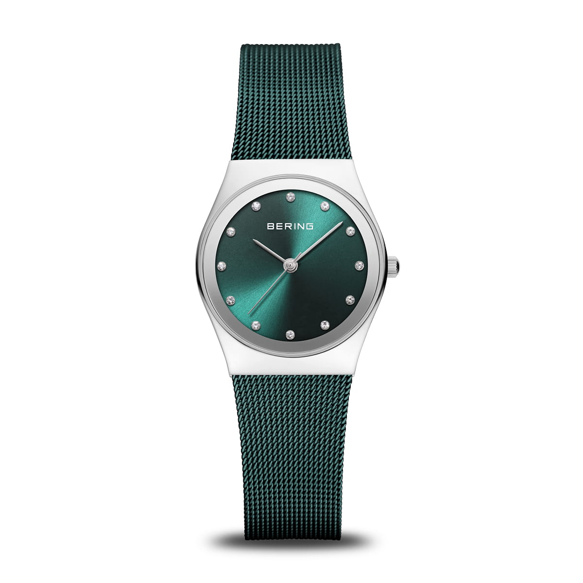Orologio con quadrante verde e cinturino in maglia rolò argentata.
