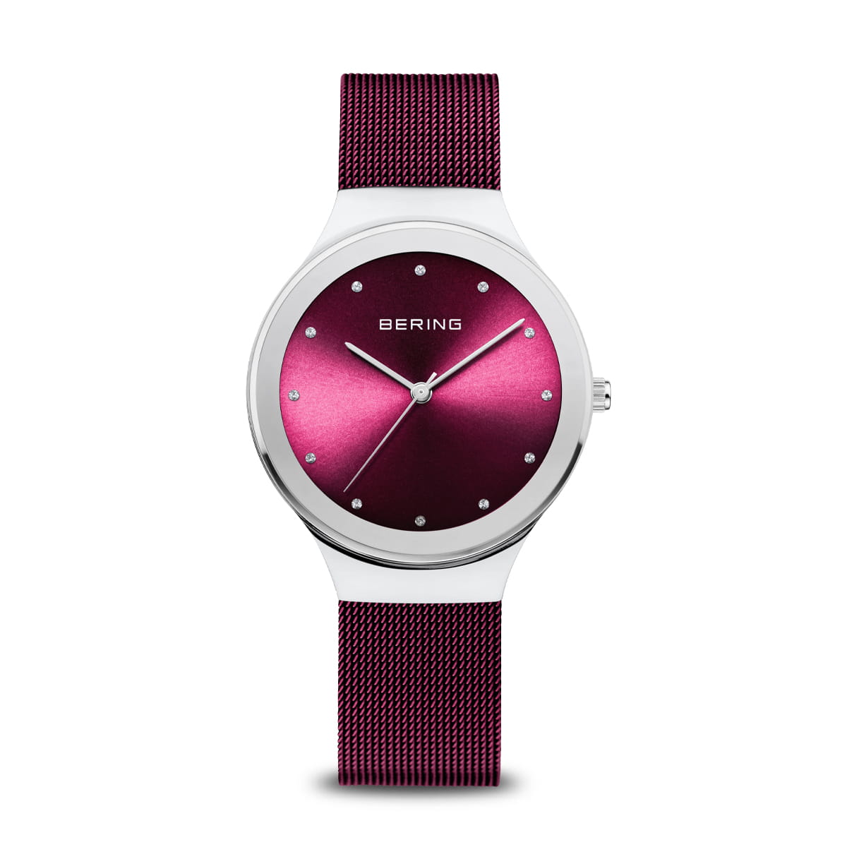 Orologio con quadrante viola e cinturino in maglia rolò argentata.